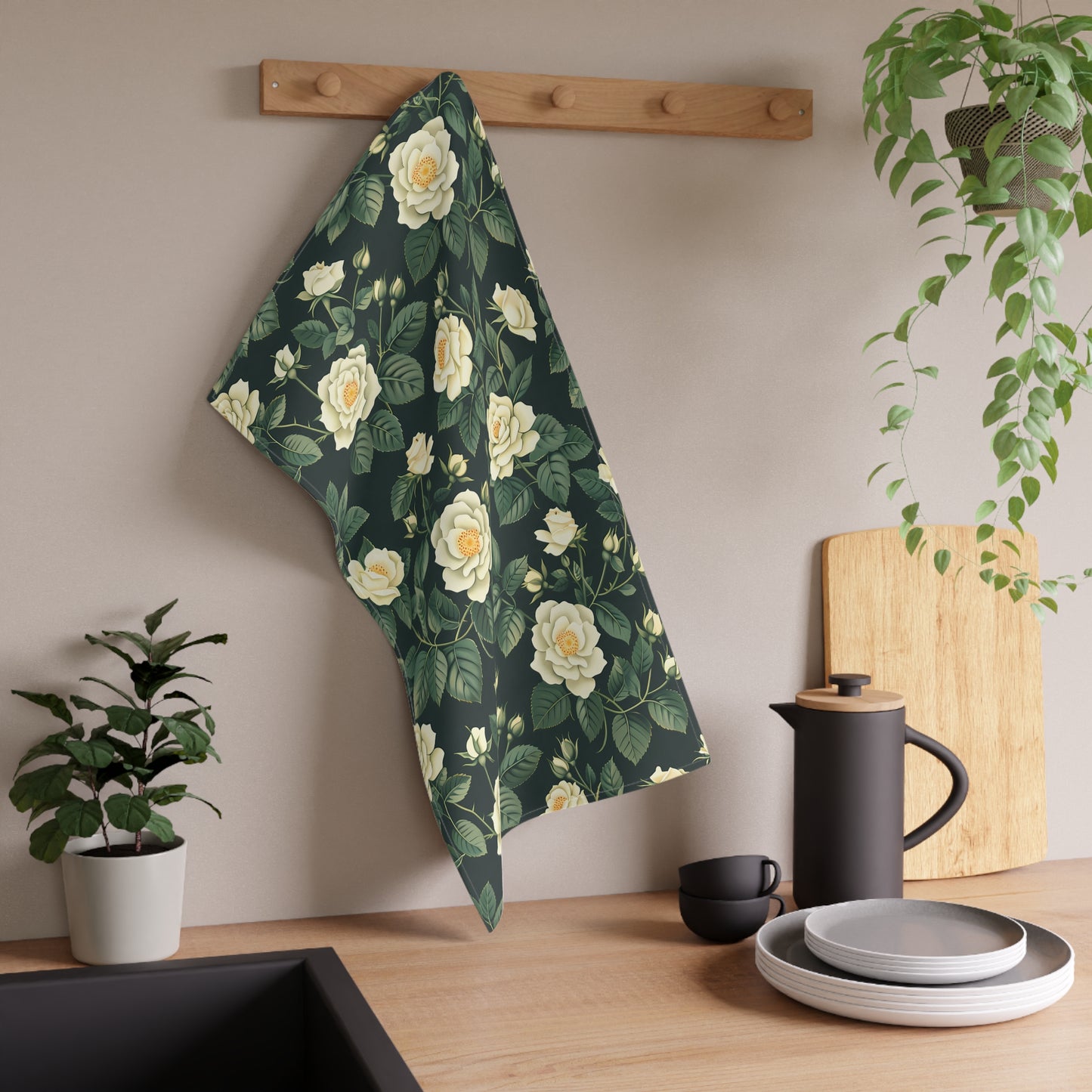 White Roses at Dusk Kitchen Towel. Blossom in the Kitchen with Timeless Rose Elegance!