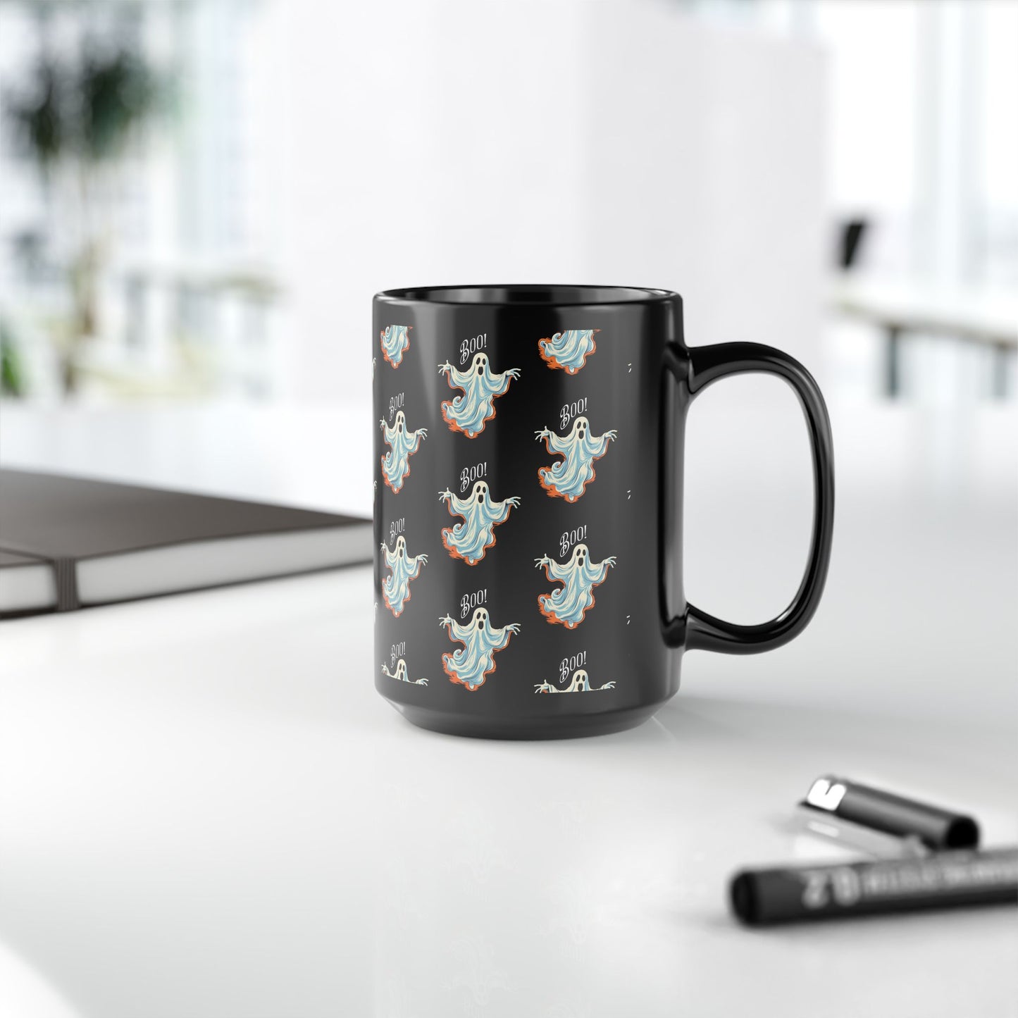 Boo! Chic Retro Ghost Halloween Black Mug - 11oz, 15oz - Sip in Spooky Style with a Retro Twist!