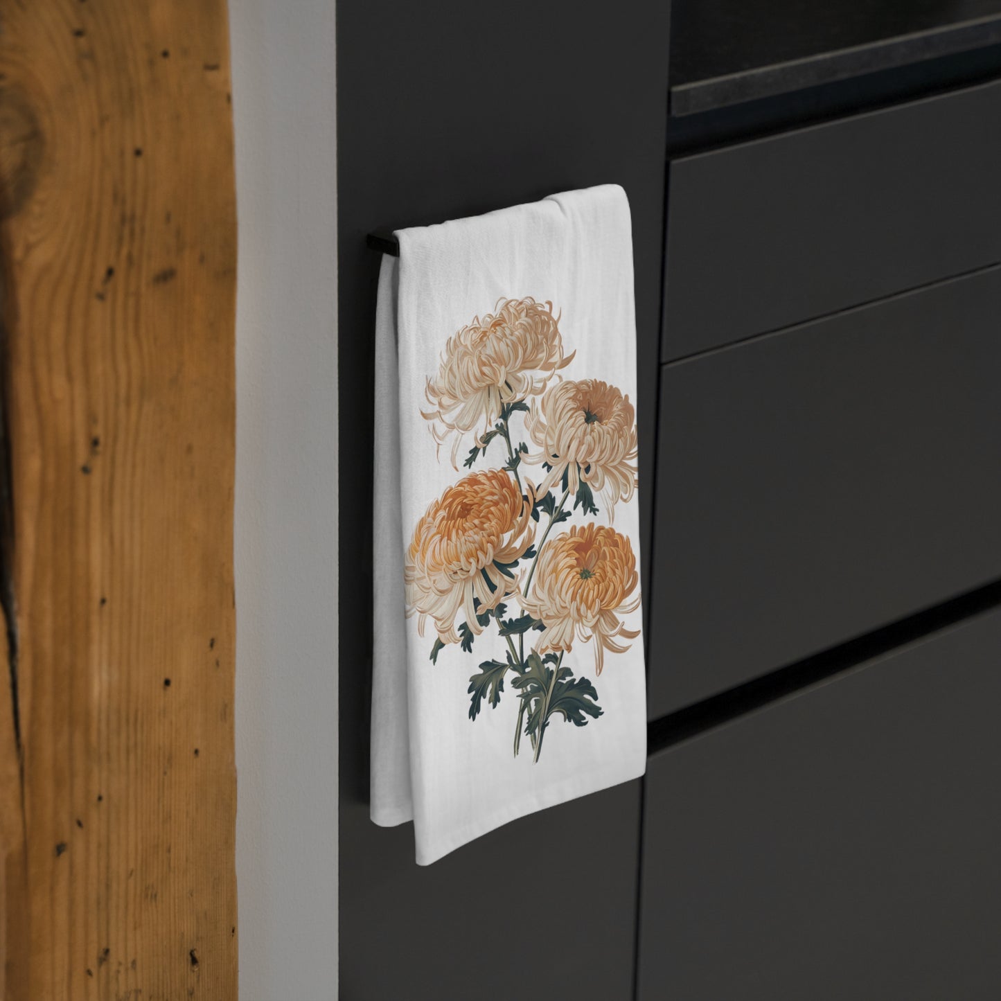 November Birth Month Flower - Chrysanthemum Tea Towel - 100% Cotton - 28" x 28" - Embrace November’s Grace with Chrysanthemum Elegance! From our Blooming Celebration Birth Flower Collection.