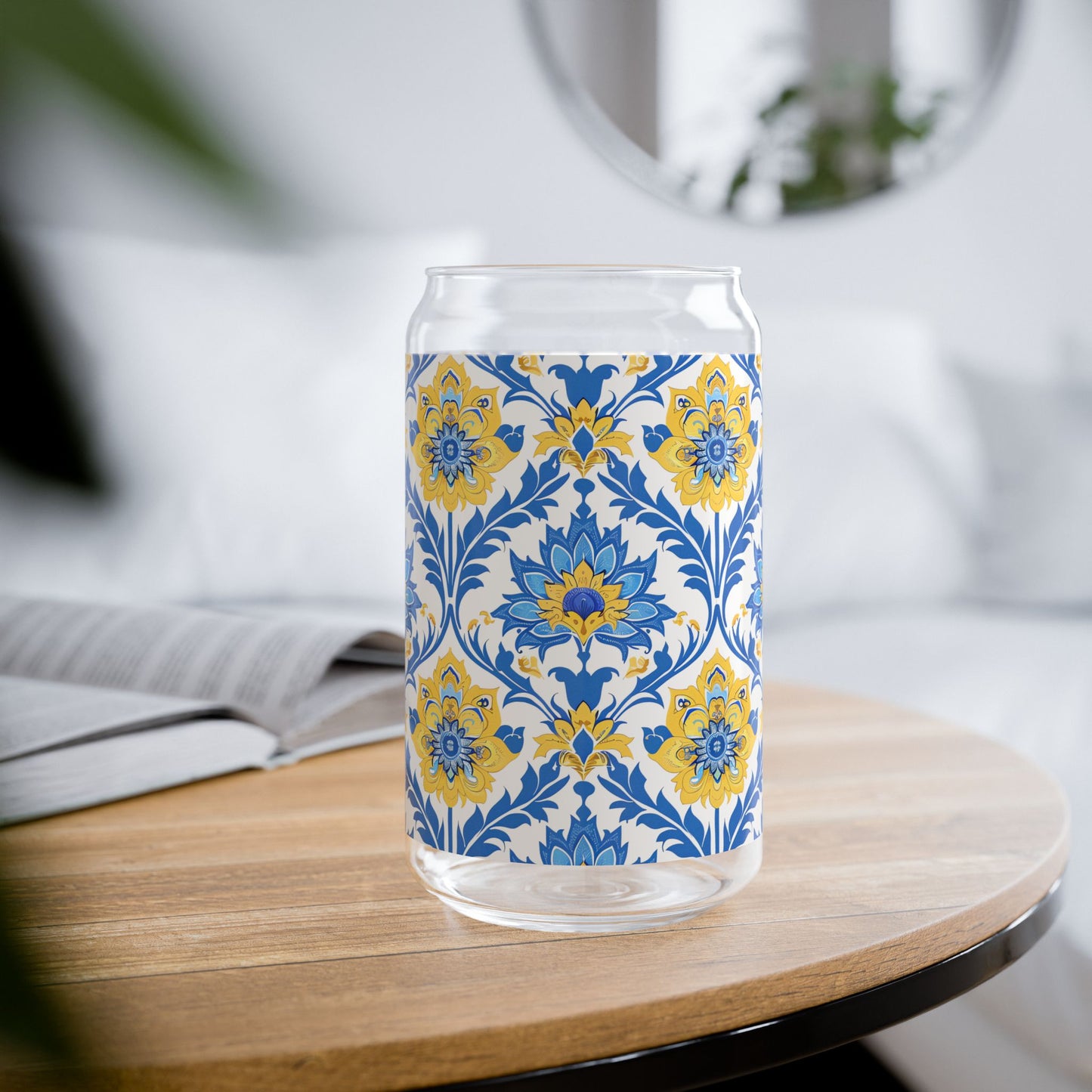 Heritage Bloom Sipper Glass Tumbler - 16 oz - Sip in Classically Beautiful Blue and Yellow Style!