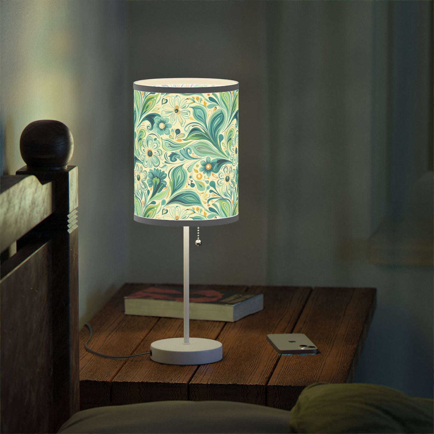 Whimsical Teal Floral Garden Modern Table Lamp. 20" Tall, Metal Stand, US|CA Plug, Available in 2 Finishes & Multiple Trim Colors