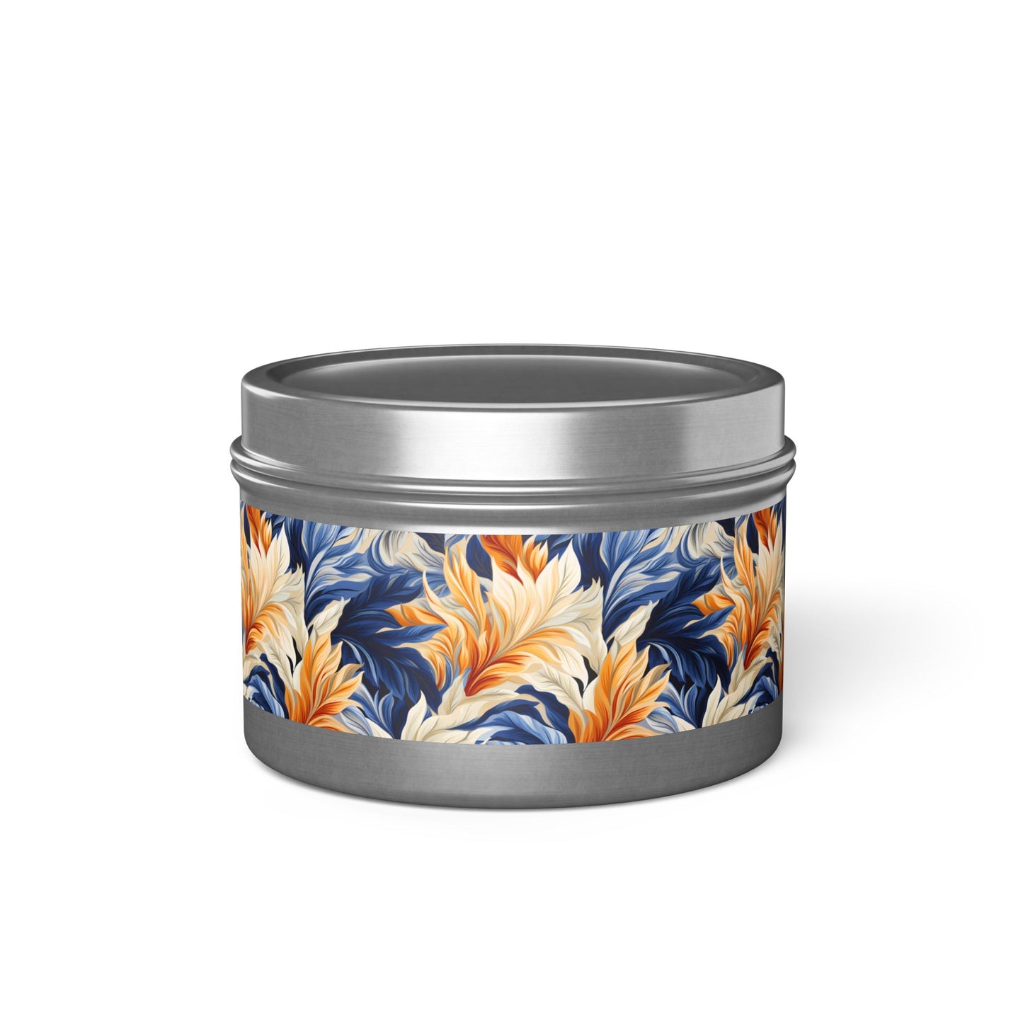 Feathered Fresco Fusion Tin Candle. A Touch of Feathered Grace in Every Flicker. Available in 2 sizes, 3 finishes, and 5 scents.