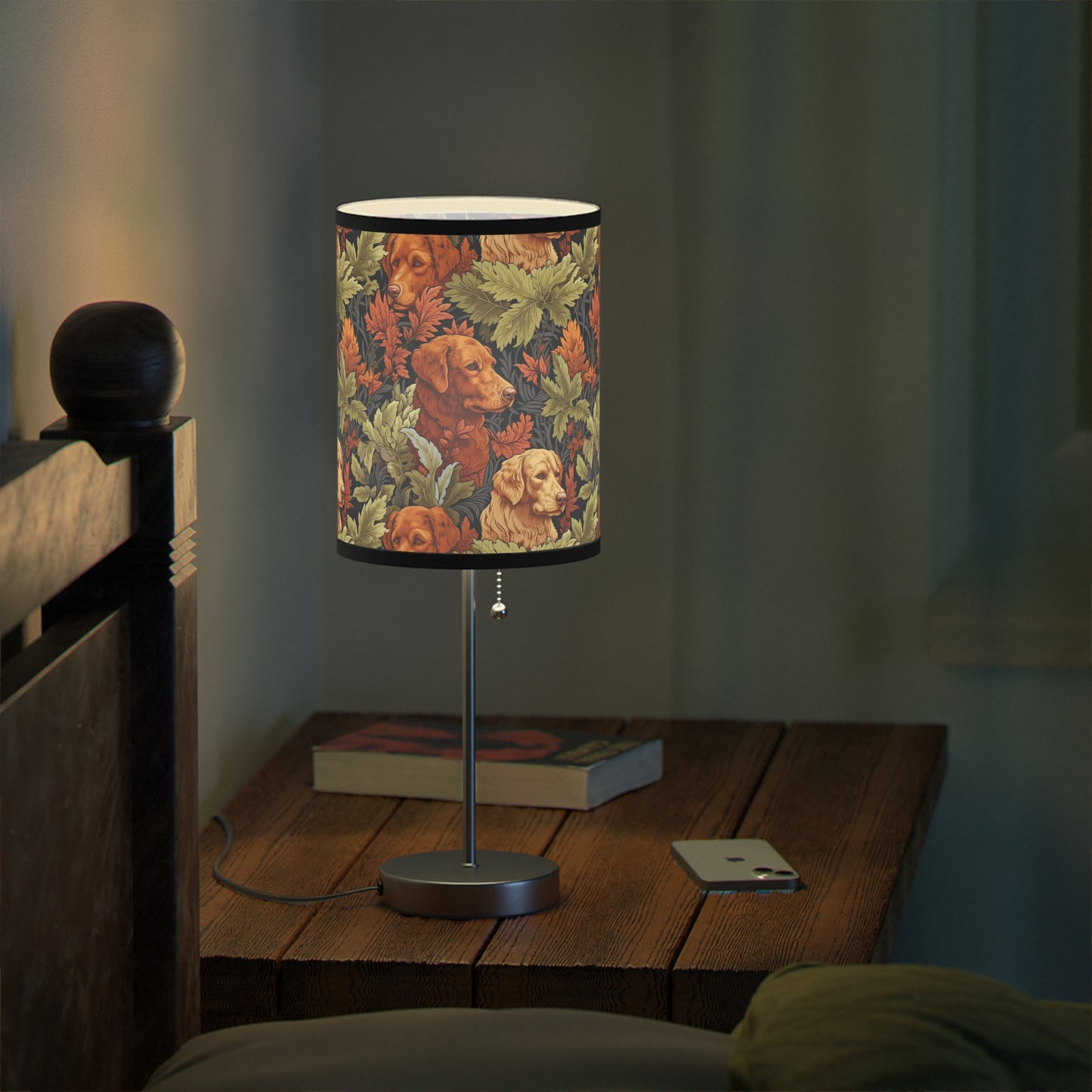 Classic English Dog Tapestry Modern Table Lamp, 20" Tall, Metal Stand, US|CA Plug, Available in 2 Finishes & Multiple Trim Colors