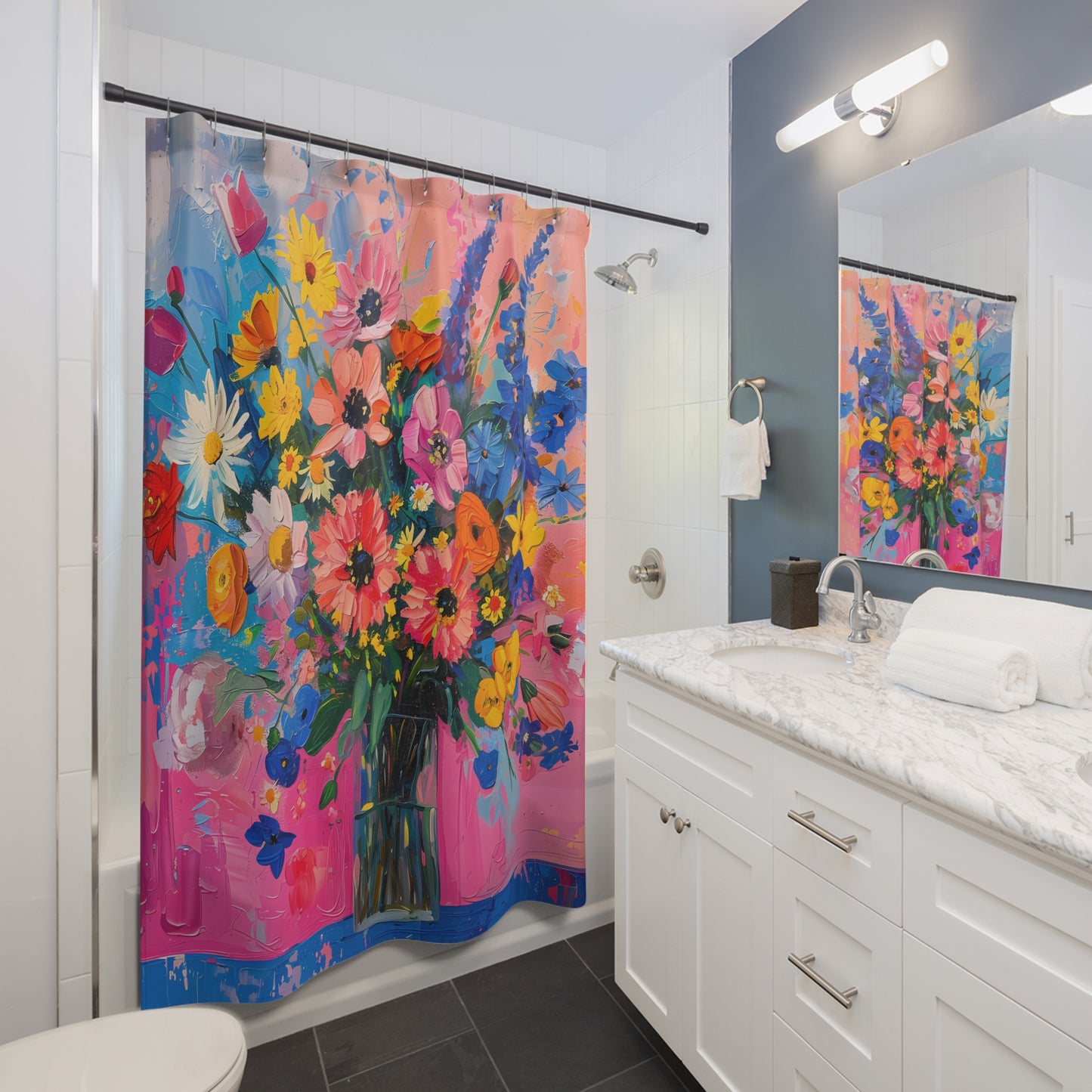 Bright Flowers & Pink Wall Shower Curtain - Brighten Your space with Vibrant Floral Artistry!