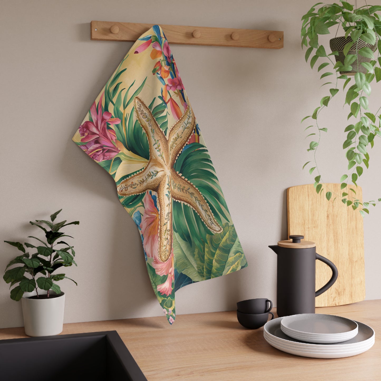 Starfish Soirée Kitchen Towel - Cotton Twill - 18" x 30" - Bask in Romantic Tropical Design with Starfish Elegance!