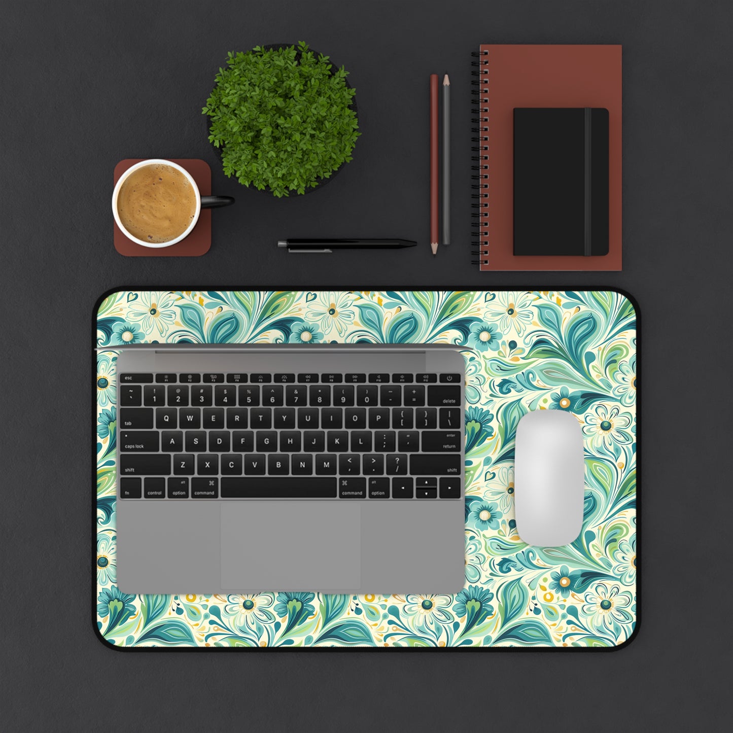 Whimsical Teal Floral Garden Desk Mat (Desk Pad) - Let Your Desk Bloom with Whimsy! Available in 3 sizes.