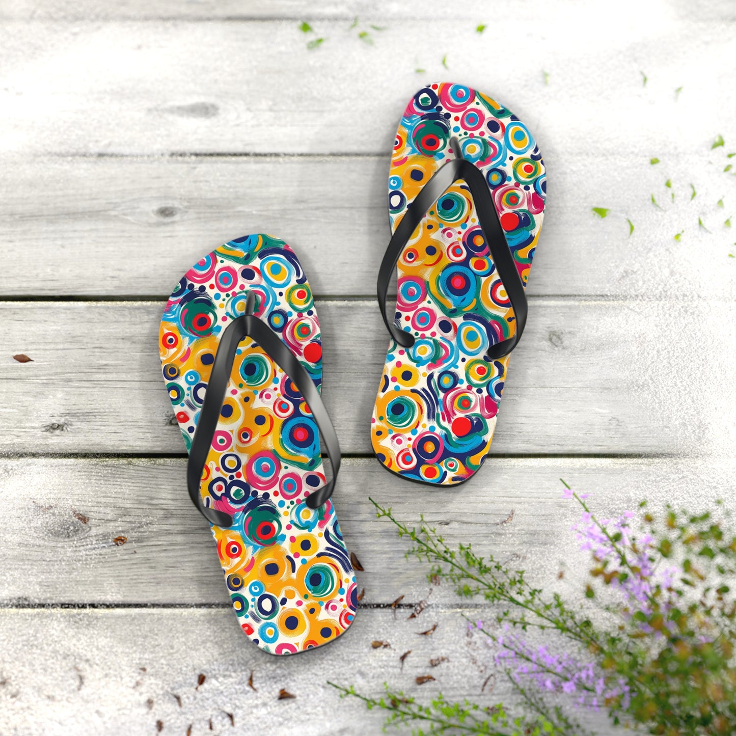 Pop Art Swirls Flip Flops. 5/8" Thick Comfortable Summer or Winter Gym/Sauna Footwear for Men and Women.