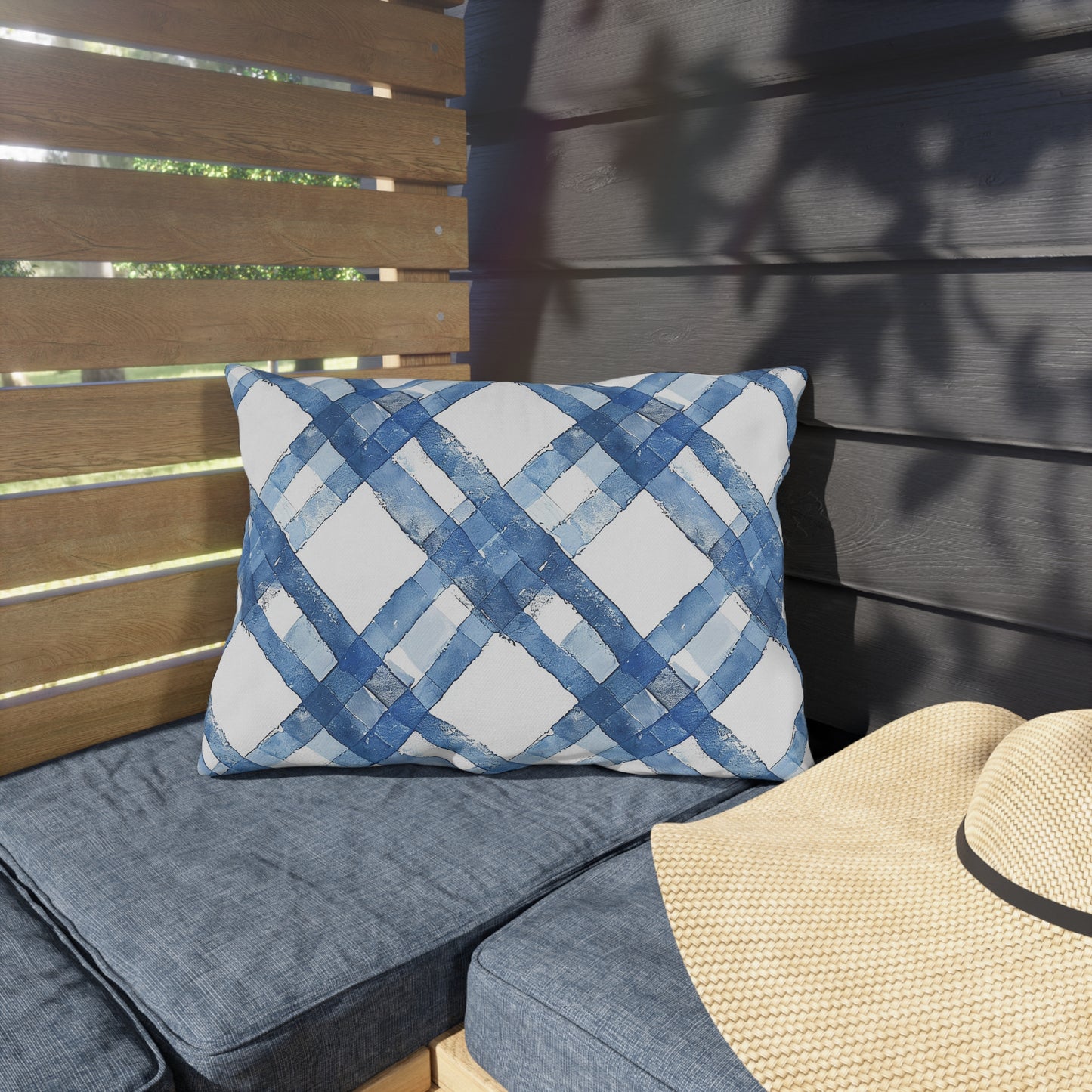 Blue Breeze Gingham Outdoor Lumbar Pillow - Spun Polyester - Double-Sided Print - UV-Resistant - Water-Resistant - Lumbar Size: 20" x 14"