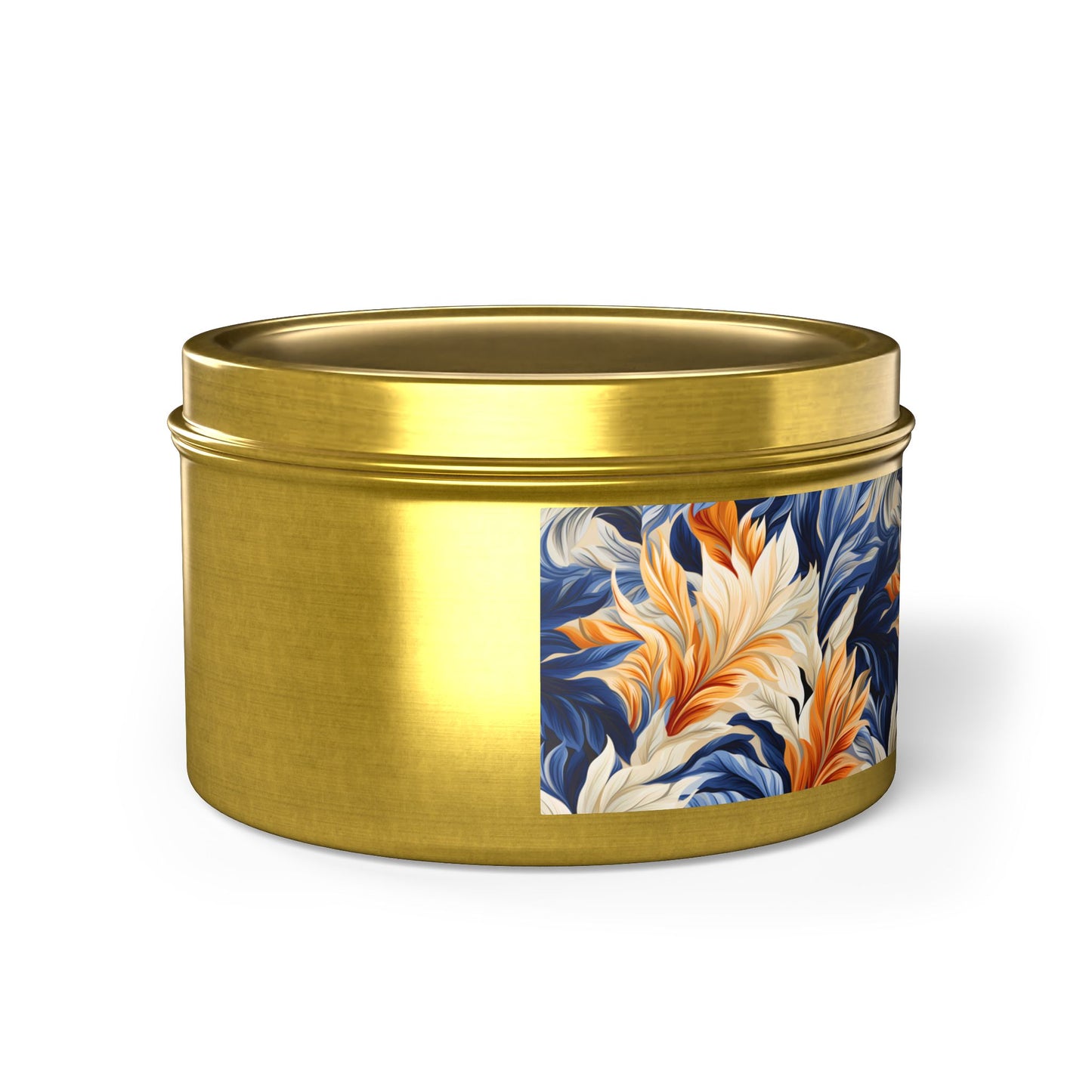 Feathered Fresco Fusion Tin Candle. A Touch of Feathered Grace in Every Flicker. Available in 2 sizes, 3 finishes, and 5 scents.