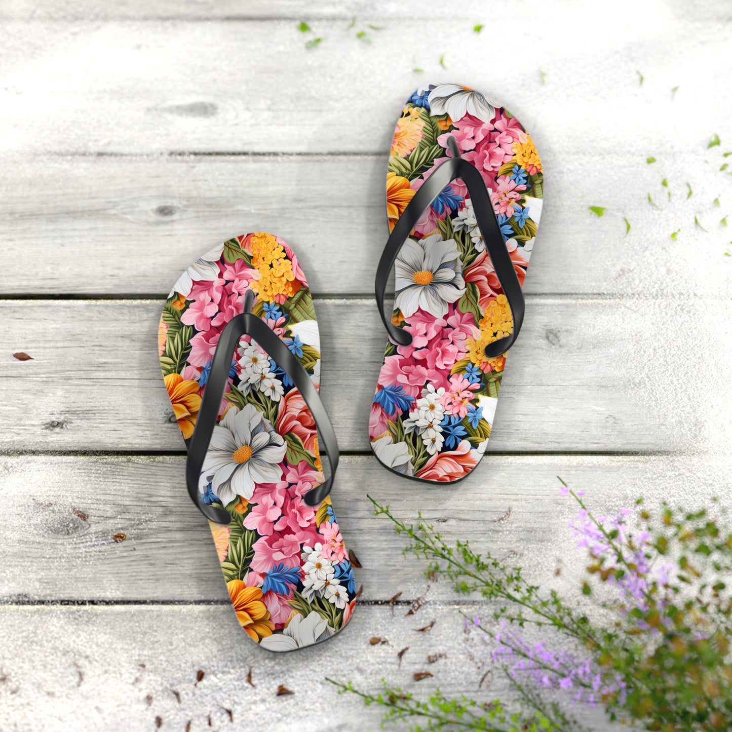 Chic Floral Flip Flops. 5/8" Thick Comfortable Summer or Winter Gym/Sauna Footwear for Men and Women.