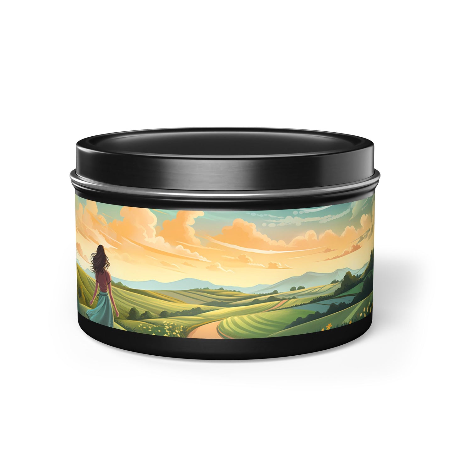 Bliss Road Scenic Aromatherapy Tin Candle. Journey to Tranquility, One Flame at a Time. Available in 2 sizes, 3 finishes, and 5 scents.