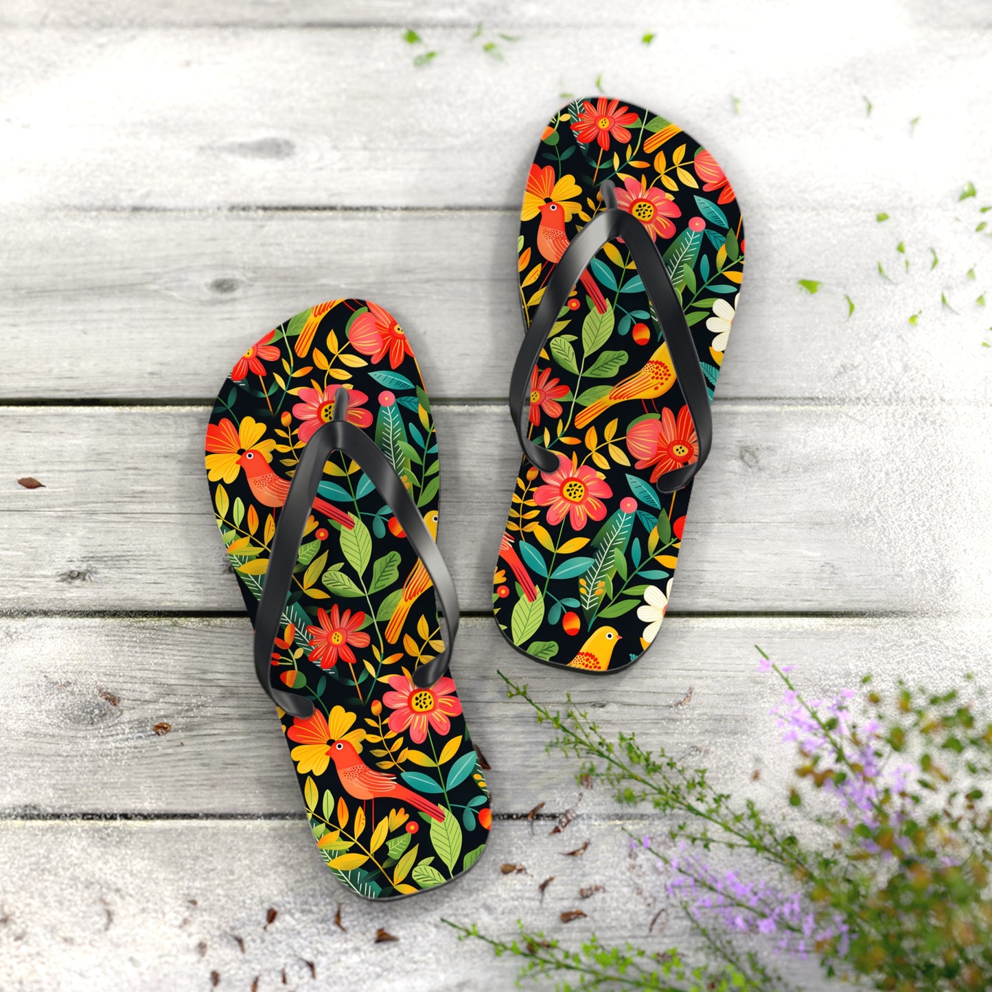 Blooming Bird Wonderland Flip Flops. 5/8" Thick Comfortable Summer or Winter Gym/Sauna Footwear for Men and Women.