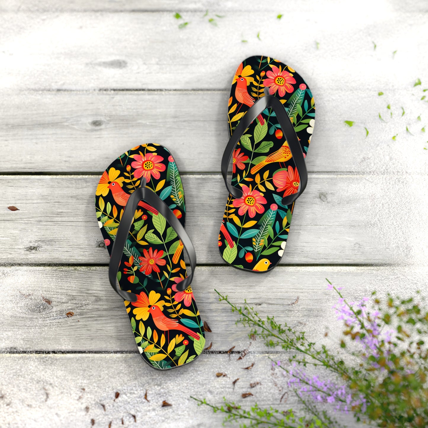 Blooming Bird Wonderland Flip Flops. 5/8" Thick Comfortable Summer or Winter Gym/Sauna Footwear for Men and Women.
