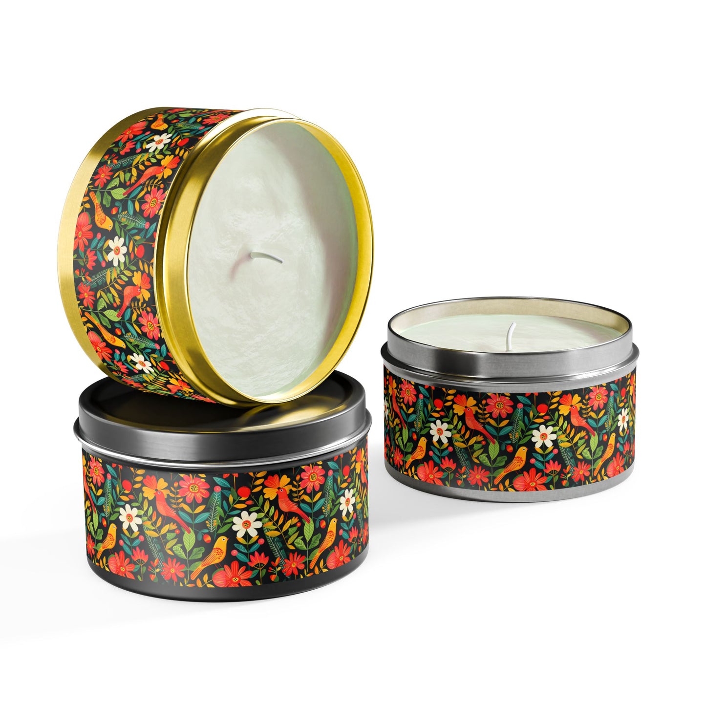 Blooming Bird Wonderland Tin Candle. Available in 2 sizes, 3 finishes, and 5 scents.