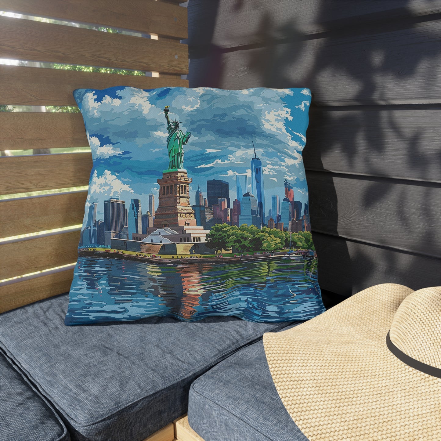 Statue of Liberty Square Outdoor Pillow - Spun Polyester - Double-Sided Print - UV-Resistant - Water Resistant - Available in 3 sizes.