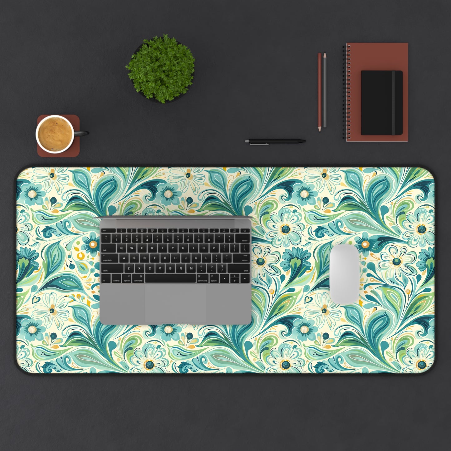 Whimsical Teal Floral Garden Desk Mat (Desk Pad) - Let Your Desk Bloom with Whimsy! Available in 3 sizes.