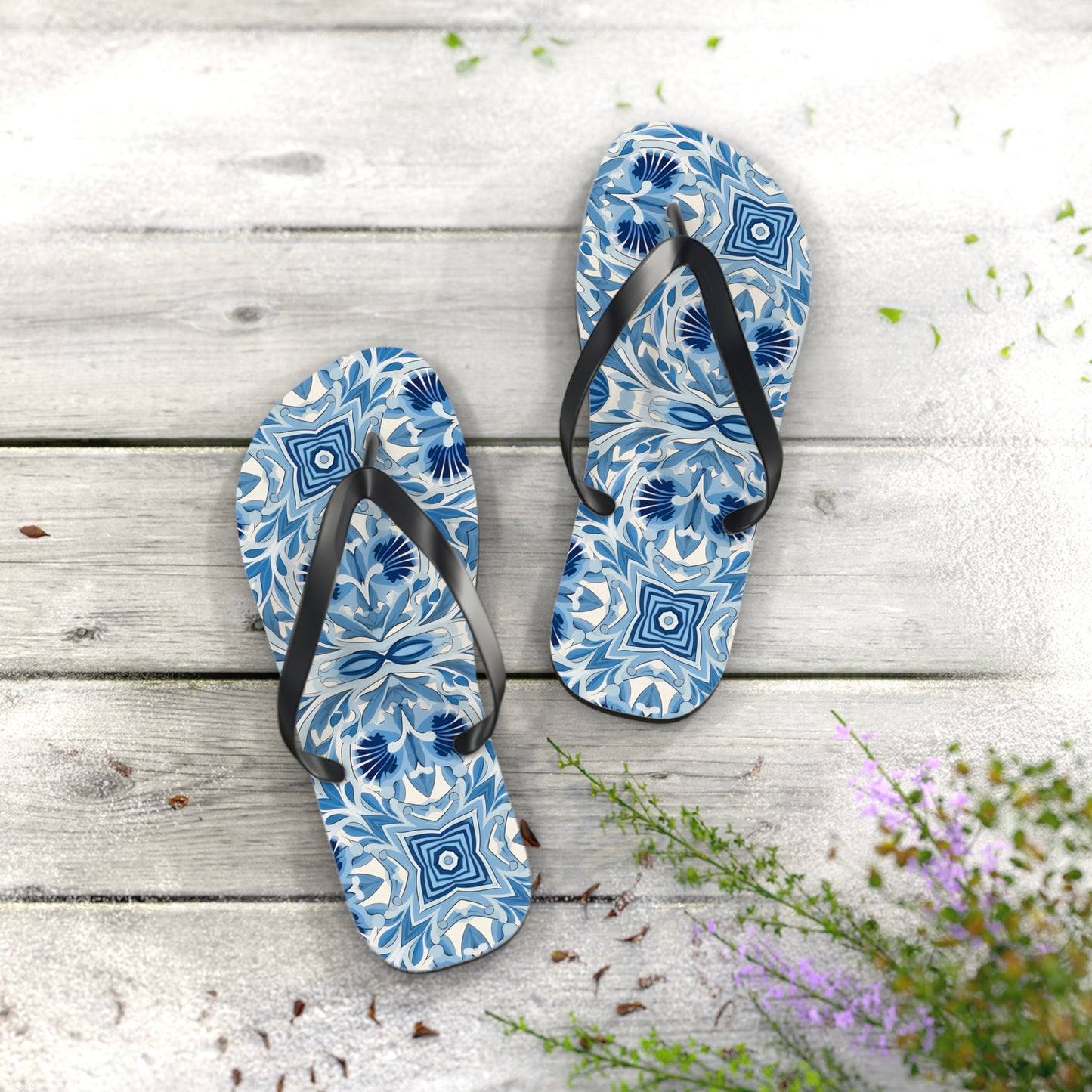Dutch Blue Tile Flip Flops. 5/8" Thick Comfortable Summer or Winter Gym/Sauna Footwear for Men and Women.