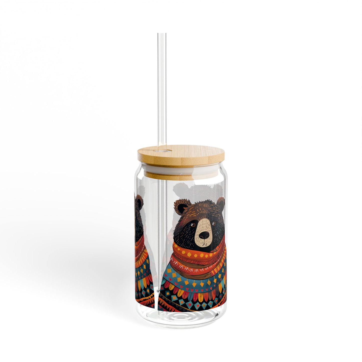 Uncle Bear Sipper Glass Tumbler - 16 oz - Wrap Yourself in Warmth with Uncle Bear's Cozy Charm! - From our Bear Family Collection.