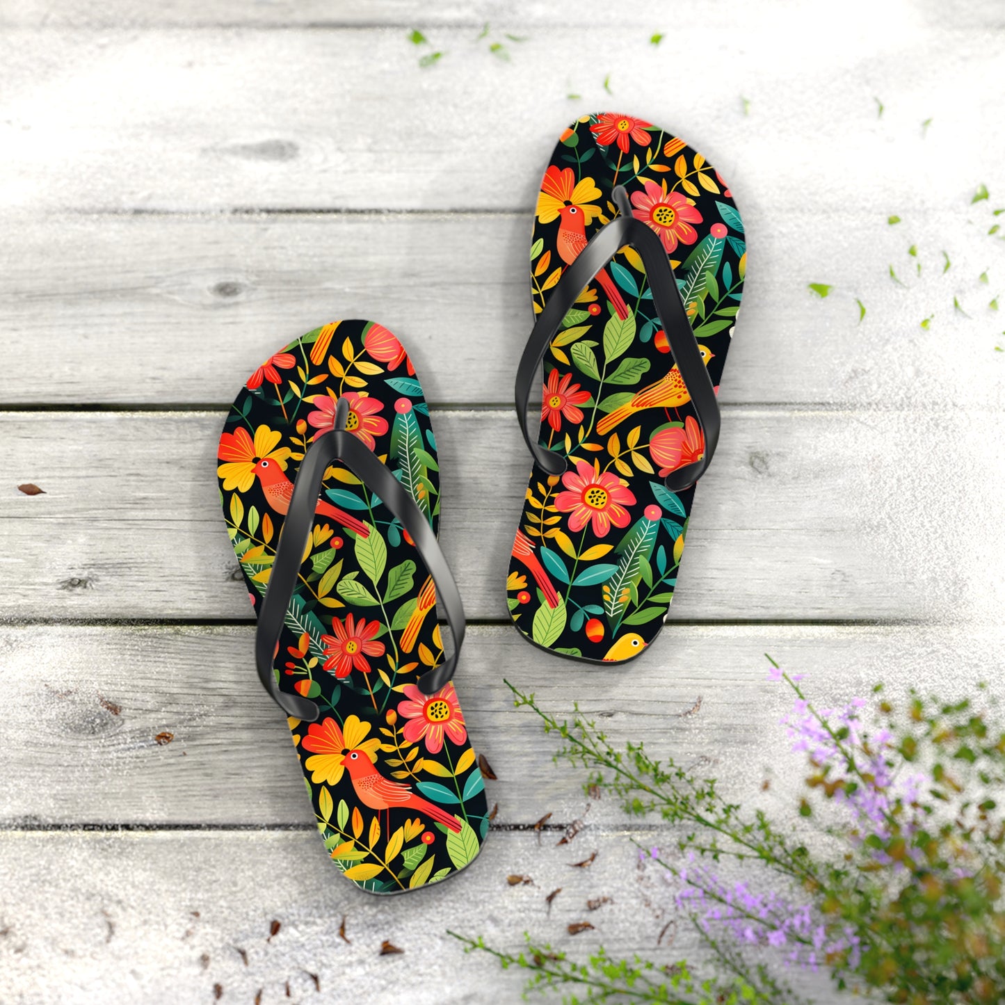 Blooming Bird Wonderland Flip Flops. 5/8" Thick Comfortable Summer or Winter Gym/Sauna Footwear for Men and Women.