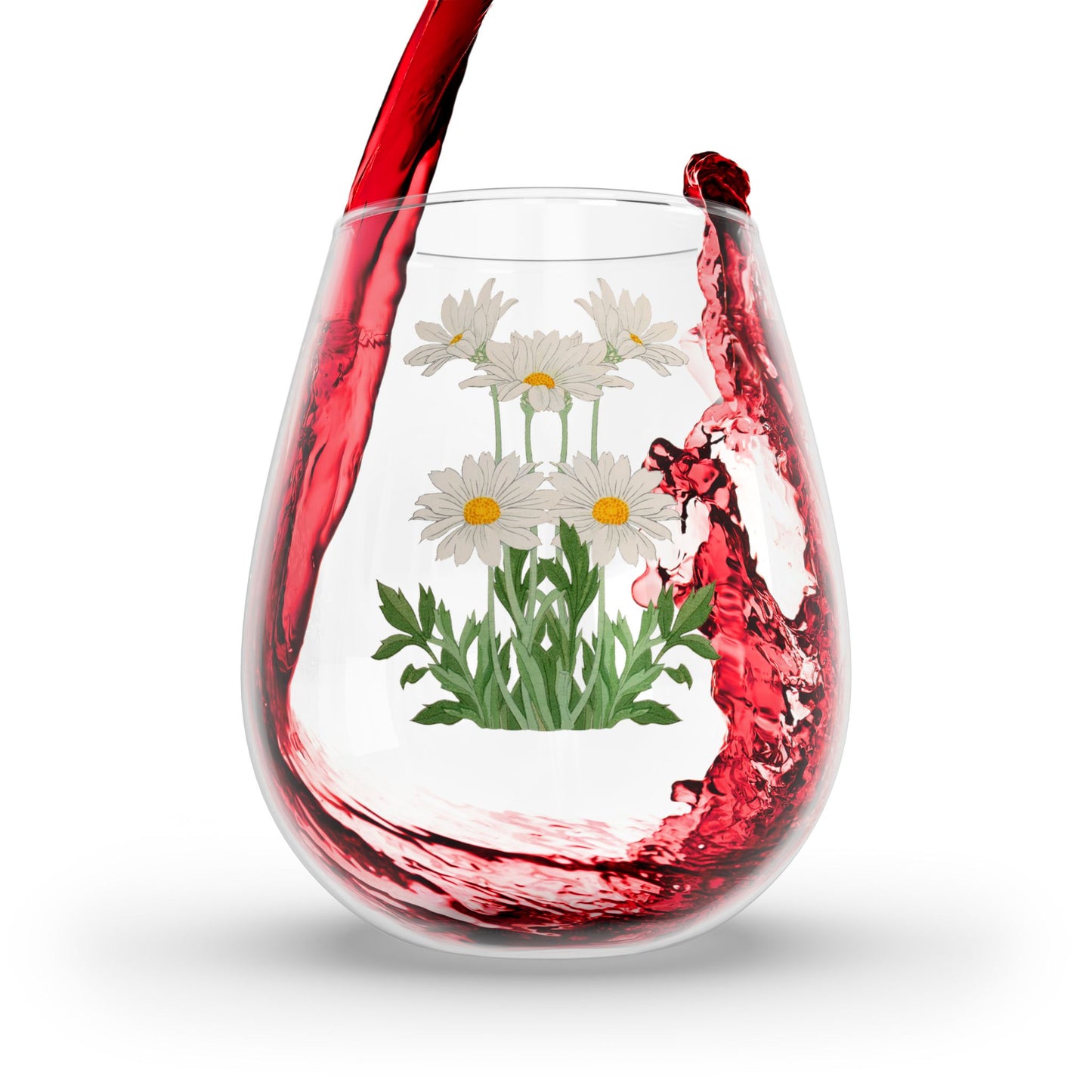 Vintage Daisy Delight Stemless Wine Glass - 11.75 oz - Bloom Cheerfully with Every Sip! From our Vintage Spring Flowers Collection.