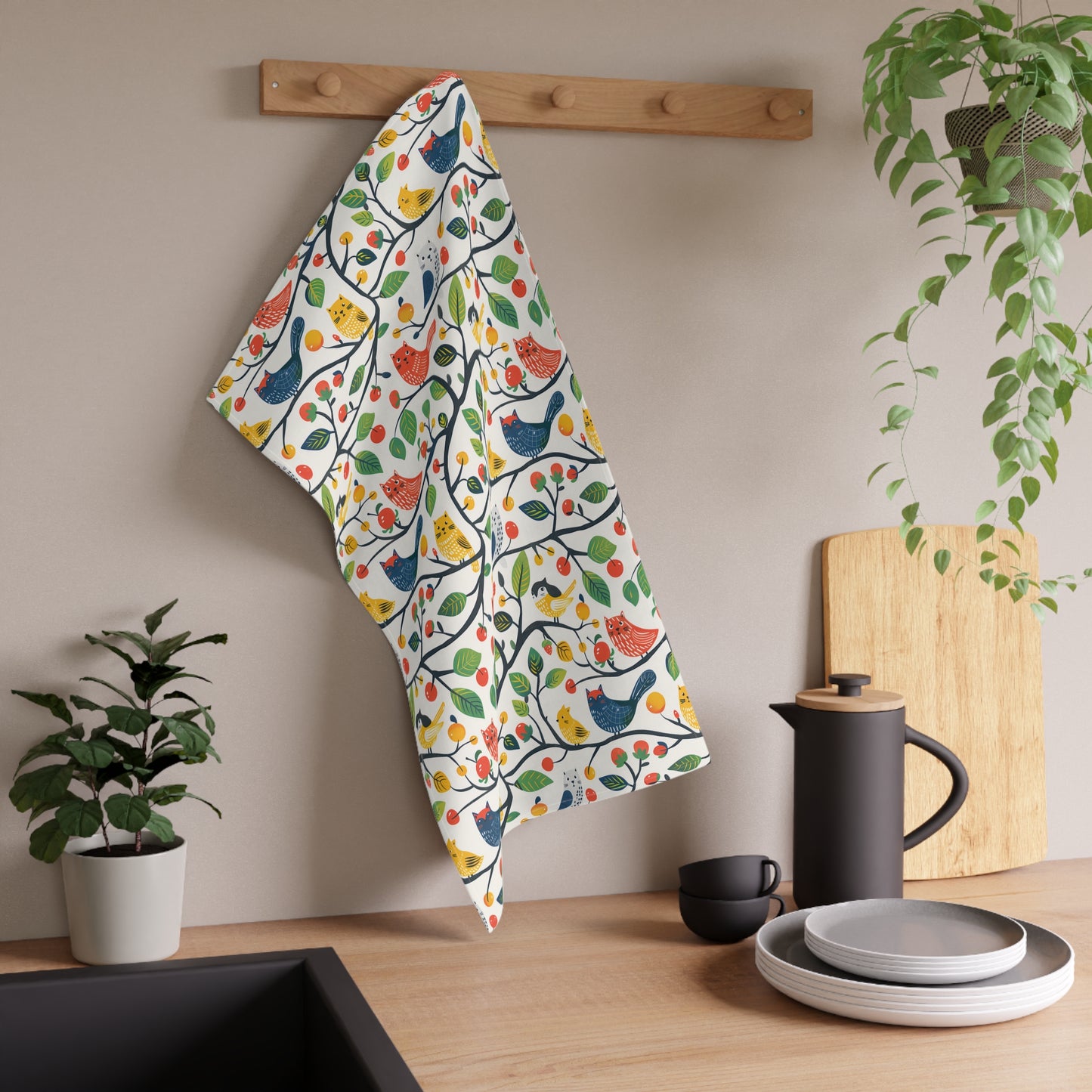 Catbird Tree Kitchen Towel - Cotton Twill - 18" x 30" - Whimsy on a Branch – Brighten Your Kitchen with Every Wipe!