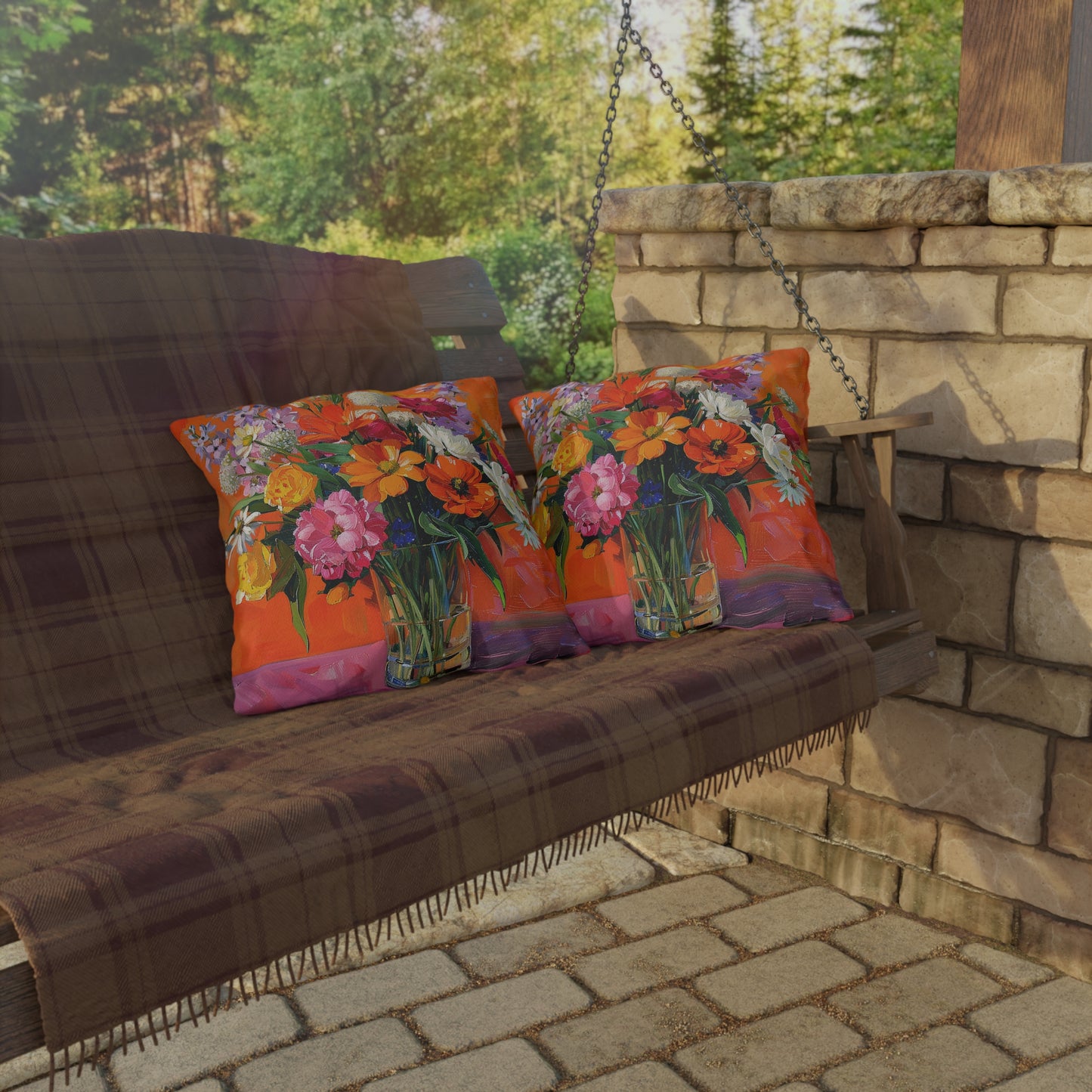 Bright Flowers & Orange Wall Square Outdoor Pillow - Spun Polyester - Double-Sided Print - UV-Resistant - Water-Resistant - Available in 3 sizes.