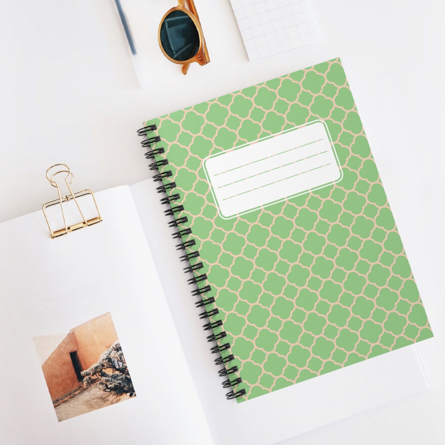 Green Quatrefoil with Label Chic Spiral Notebook - Ruled Line - Classically Chic: Every Page a Canvas of Timeless Elegance!