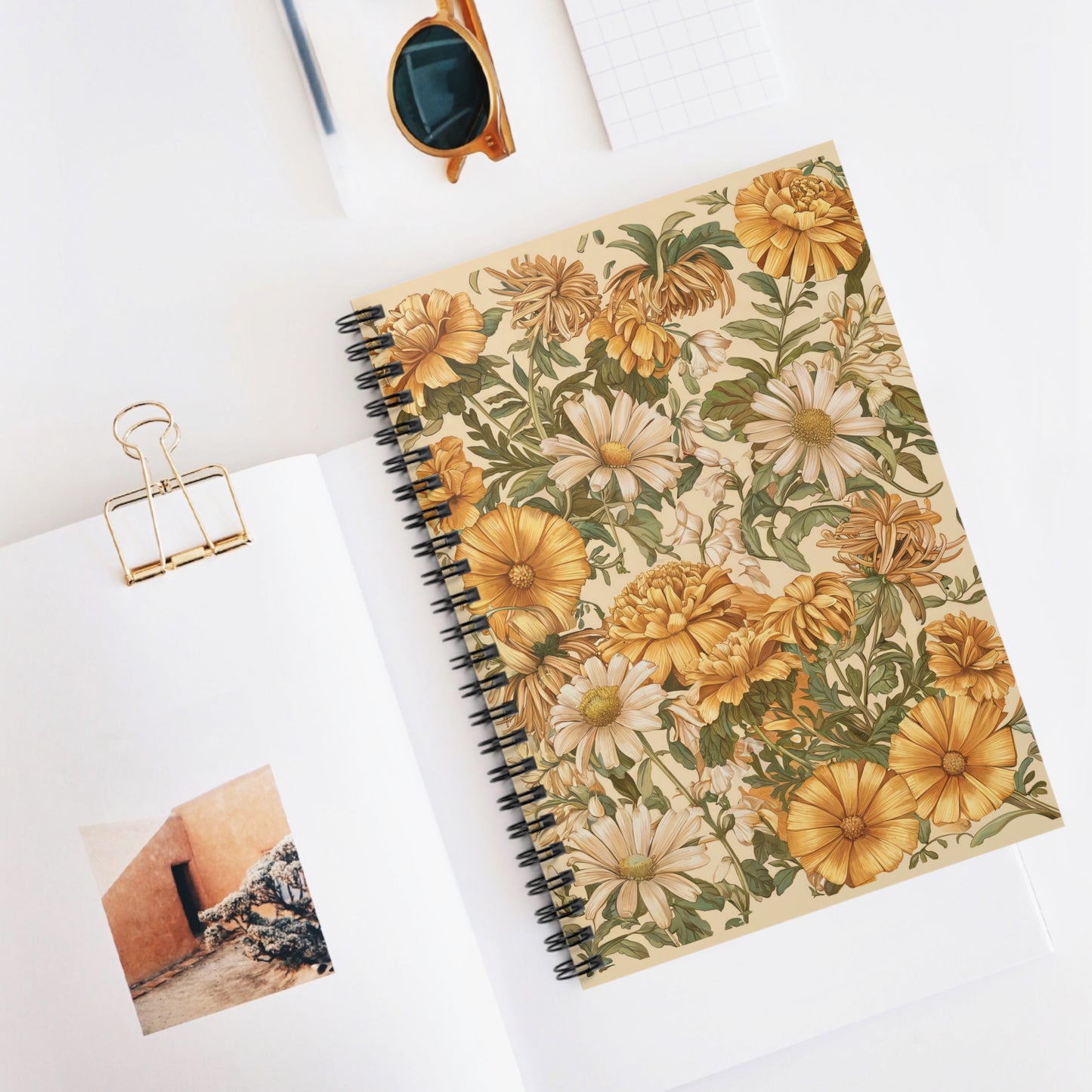 Golden Victorian Blooms Spiral Notebook - Ruled Line - Embrace Fall's Timeless Beauty – Where Daisies and Chrysanthemums Blossom in Every Note!