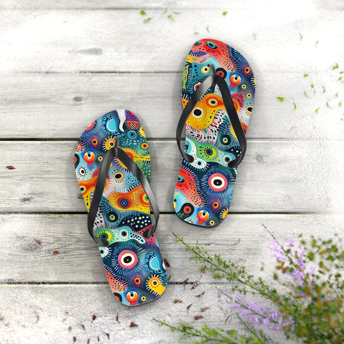 Psychedelic Amoeba Pop Flip Flops. 5/8" Thick Comfortable Summer or Winter Gym/Sauna Footwear for Men and Women.