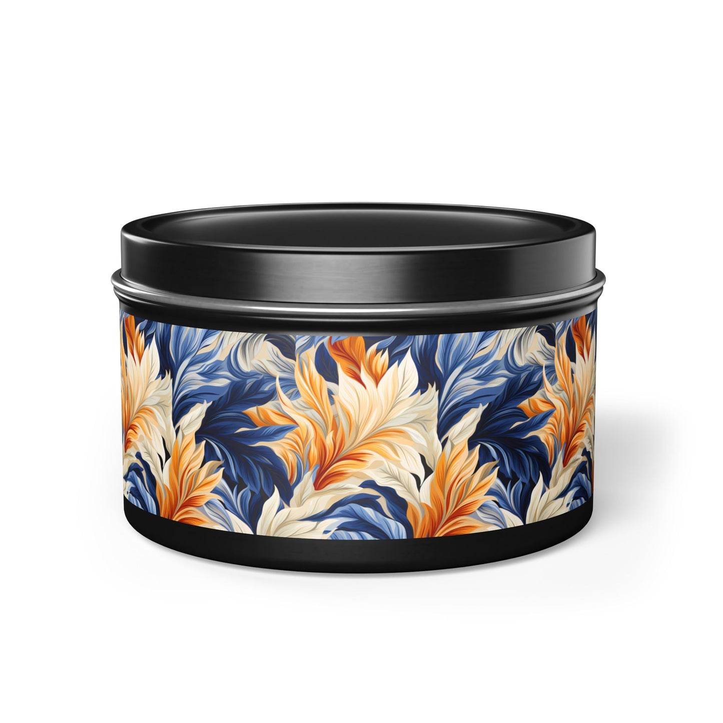 Feathered Fresco Fusion Tin Candle. A Touch of Feathered Grace in Every Flicker. Available in 2 sizes, 3 finishes, and 5 scents.