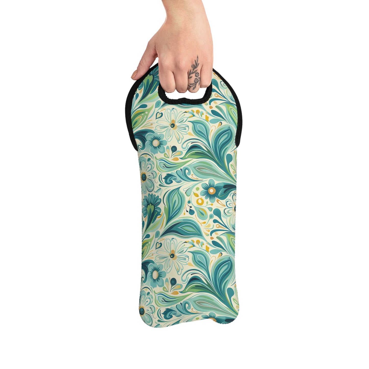 Whimsical Teal Floral Garden Wine Tote Bag - 100% Neoprene - Uncork Serenity, Sip in Style!