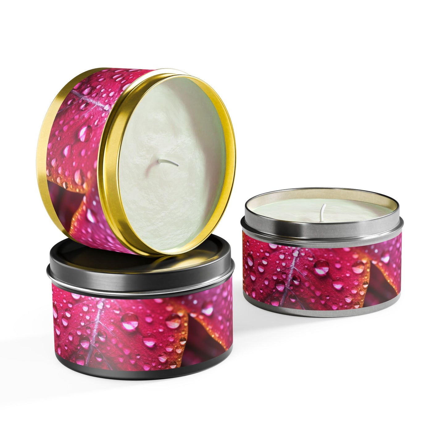 Tropical Dew Leaf Tin Candle. Embrace Nature's Serenity - A Tropical Retreat in Every Flame. Available in 2 sizes, 3 finishes, and 3 scents.