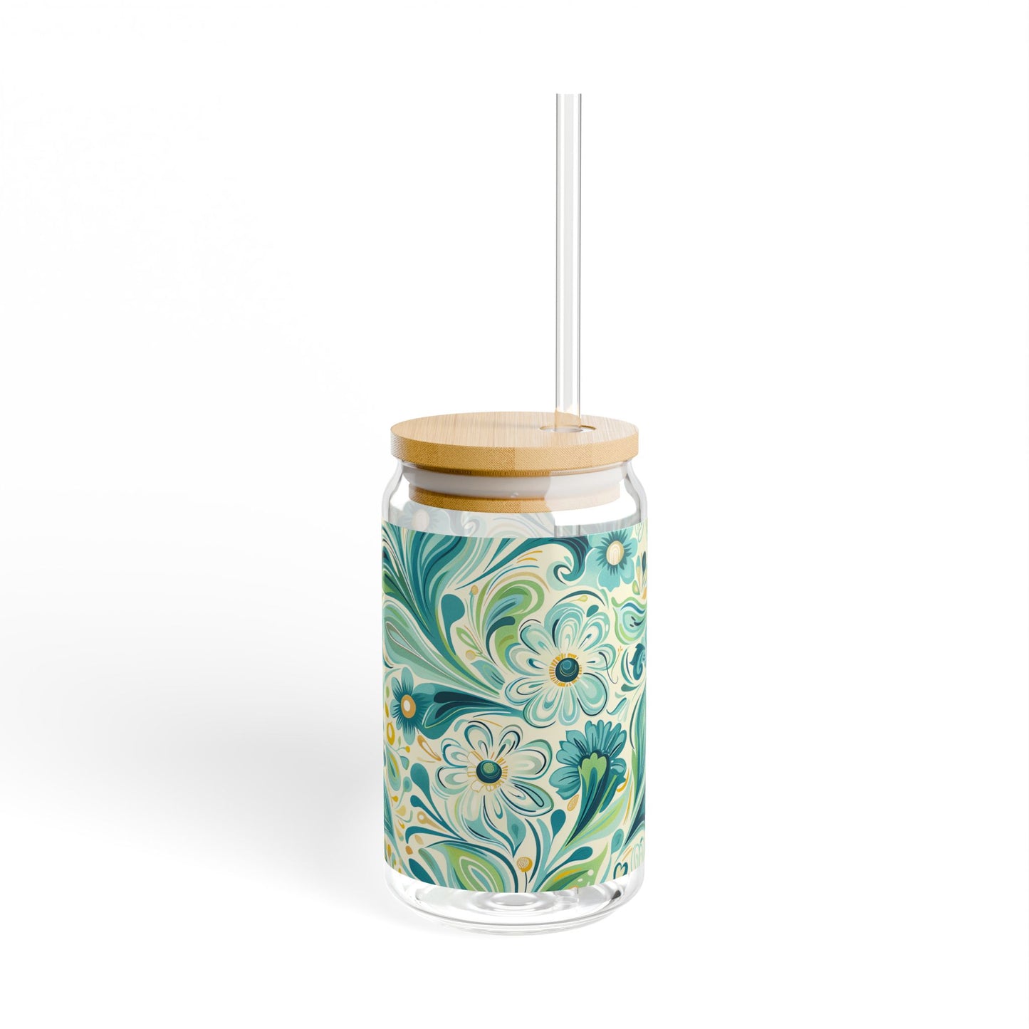 Whimsical Teal Floral Garden Sipper Glass Tumbler - 16 oz - Sip in Nature's Enchanting Hues!