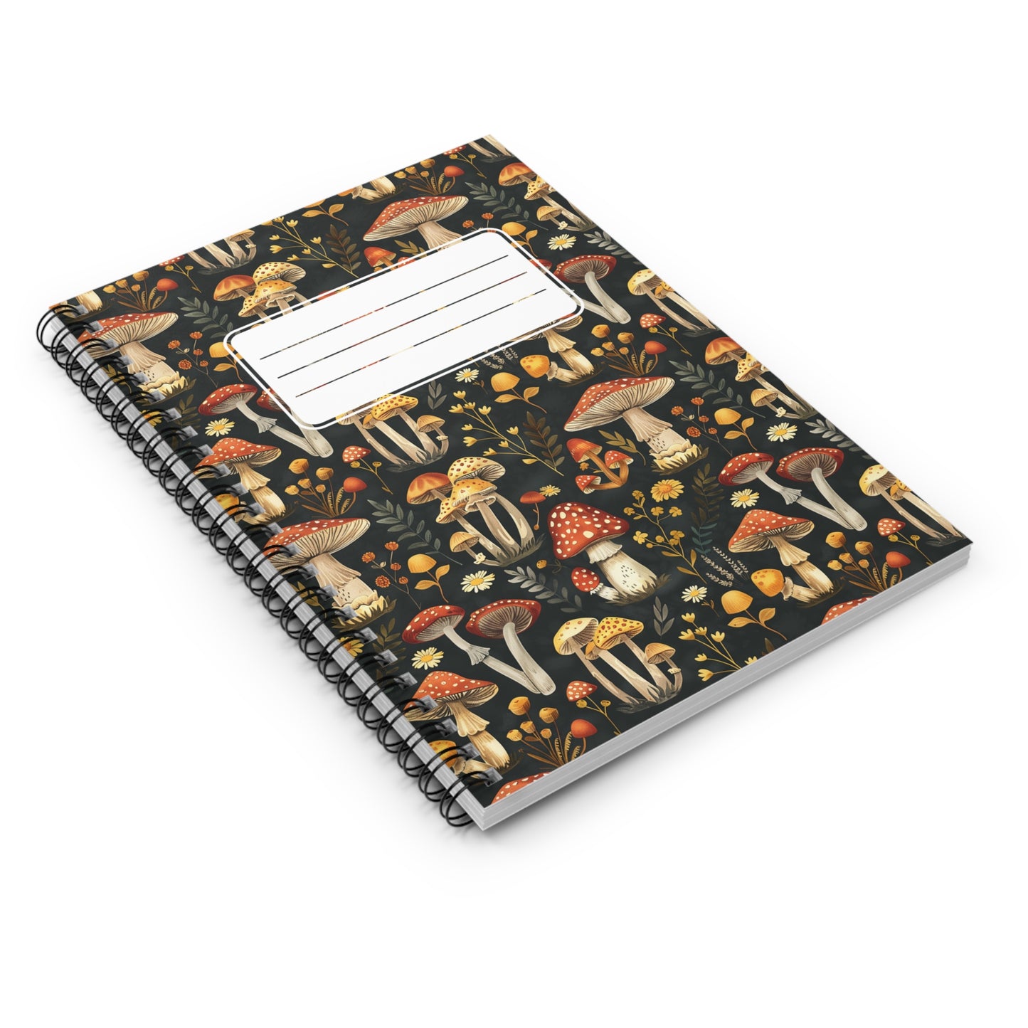 Whimsical Mushroom Forest with Label Chic Spiral Notebook - Ruled Line - Yes, Mushrooms are Fun!