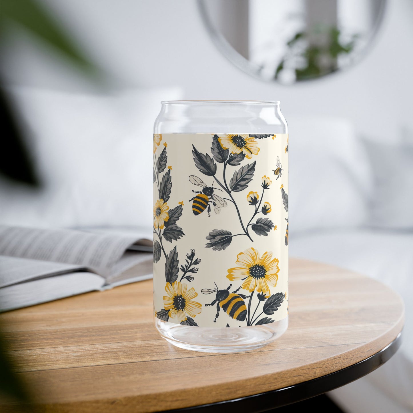 Buzzing Blossoms Sipper Glass Tumbler - 16 oz - Sip Sweetly with Every Buzzy Bee!