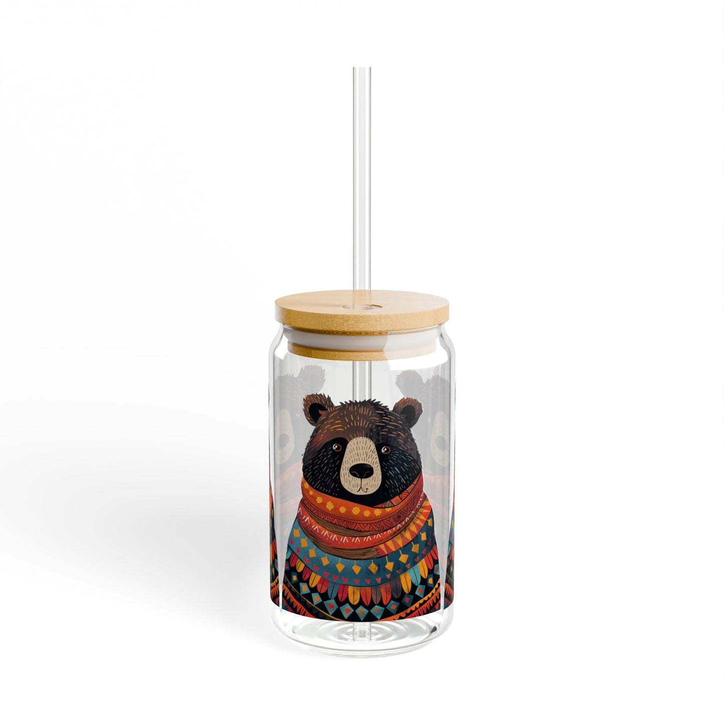 Uncle Bear Sipper Glass Tumbler - 16 oz - Wrap Yourself in Warmth with Uncle Bear's Cozy Charm! - From our Bear Family Collection.