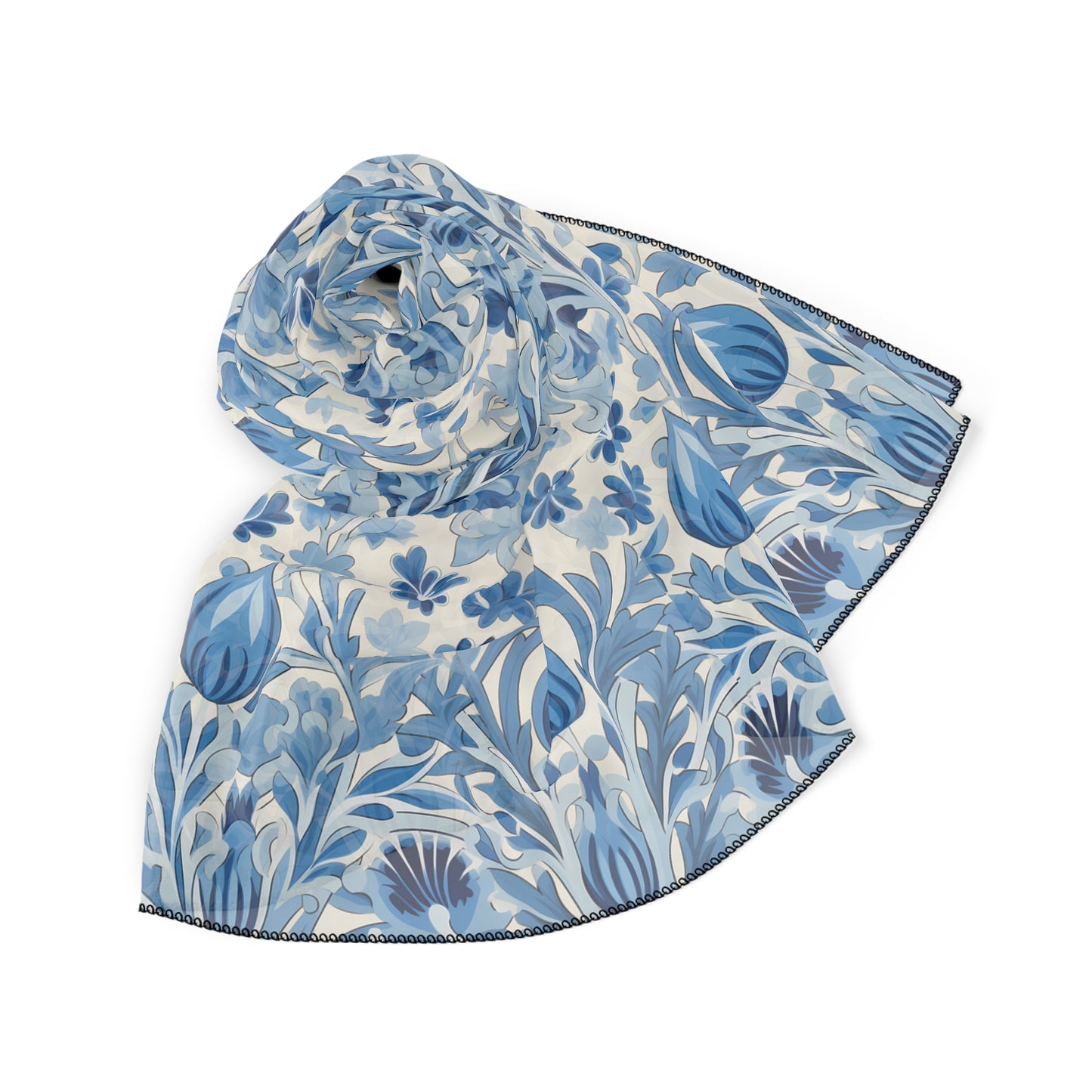Dutch Blue Tulip Poly Voile Scarf. Elegant Blue & White Tulip-inspired, Inspired by Dutch Tiles Lightweight, Stylish Accessory. Available in 2 sizes: 25" x 25" or 50" x 50"