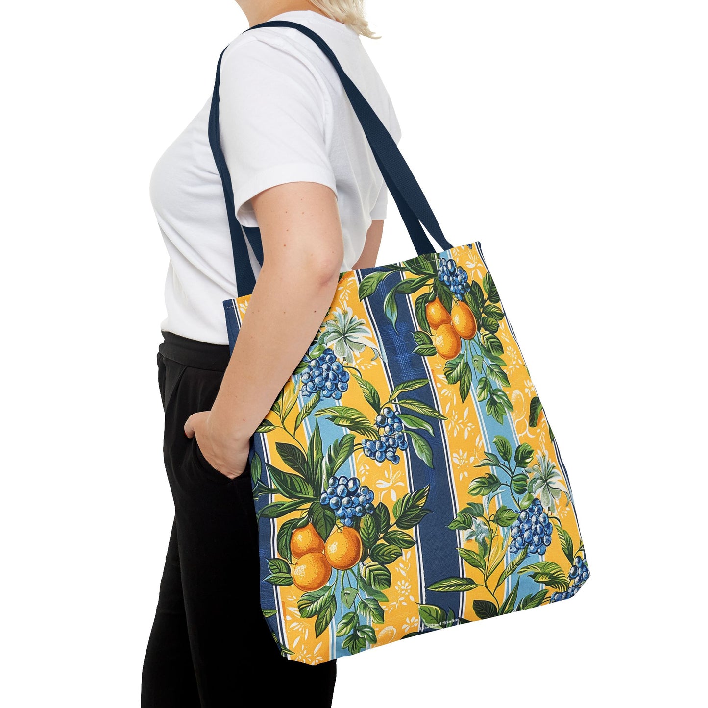 Sunny Orchard Stripes Tote Bag - Brighten Your Day with a Burst of Fruity Charm! Available in 3 sizes.