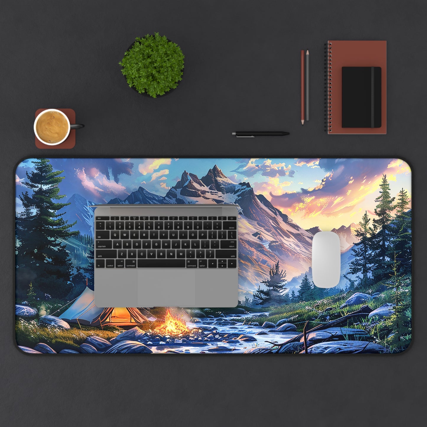 Mountain Creekside Campfire Desk Mat (Desk Pad) - Escape to the Mountains with Every Task! Available in 3 sizes.