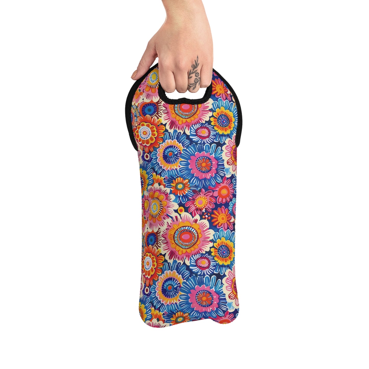Crayon Blossom Whimsy Wine Tote Bag - 100% Neoprene - Sip, Smile, and Carry in Colorful Whimsy!