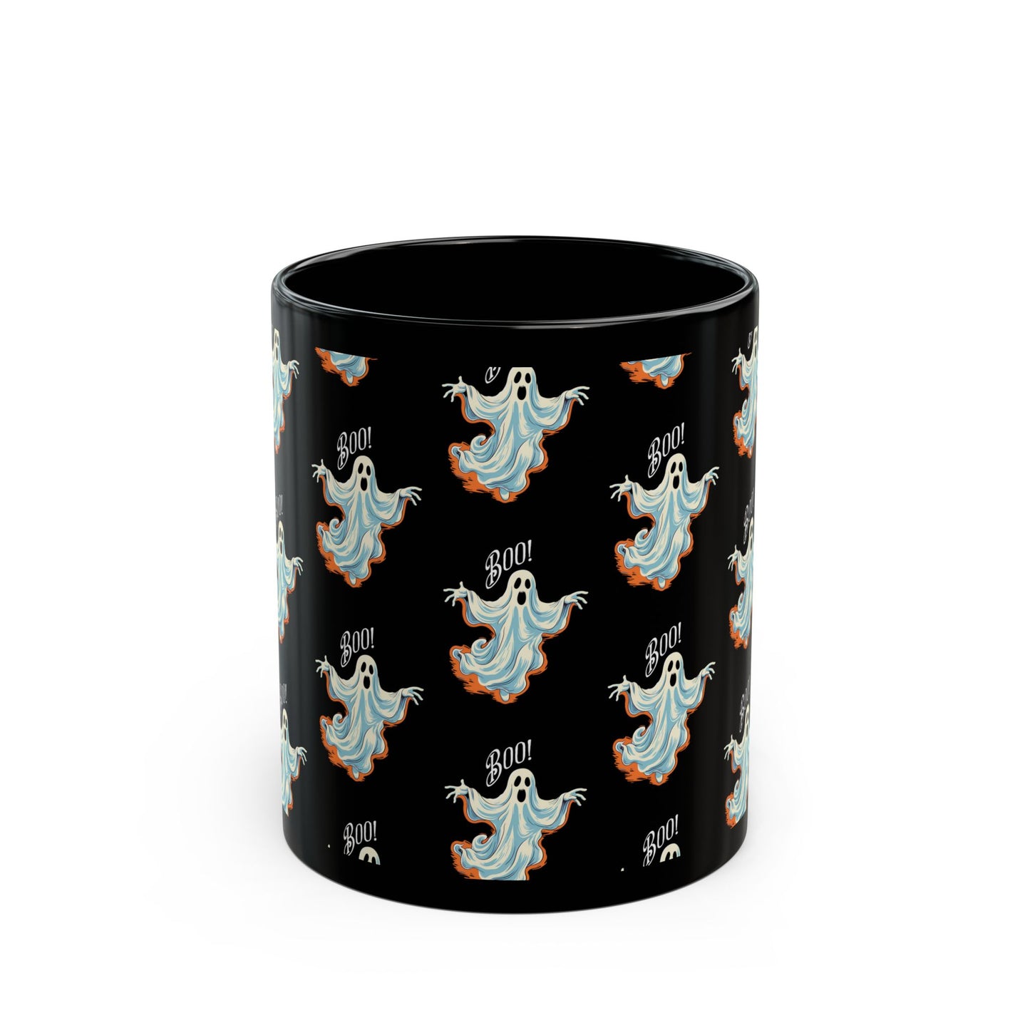 Boo! Chic Retro Ghost Halloween Black Mug - 11oz, 15oz - Sip in Spooky Style with a Retro Twist!