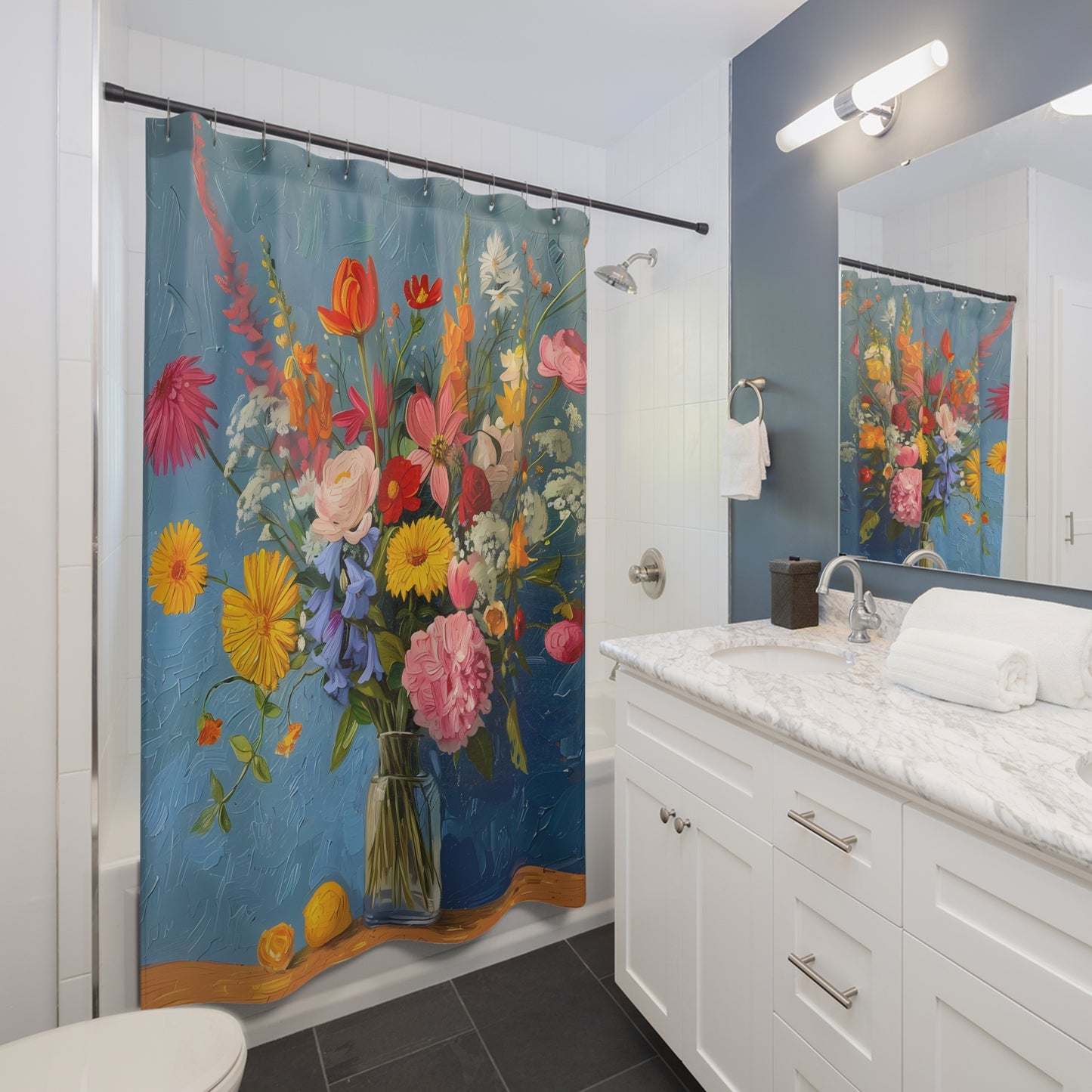 Bright Flowers & Blue Wall Shower Curtain - Transform Your Space with Springtime Floral Serenity!