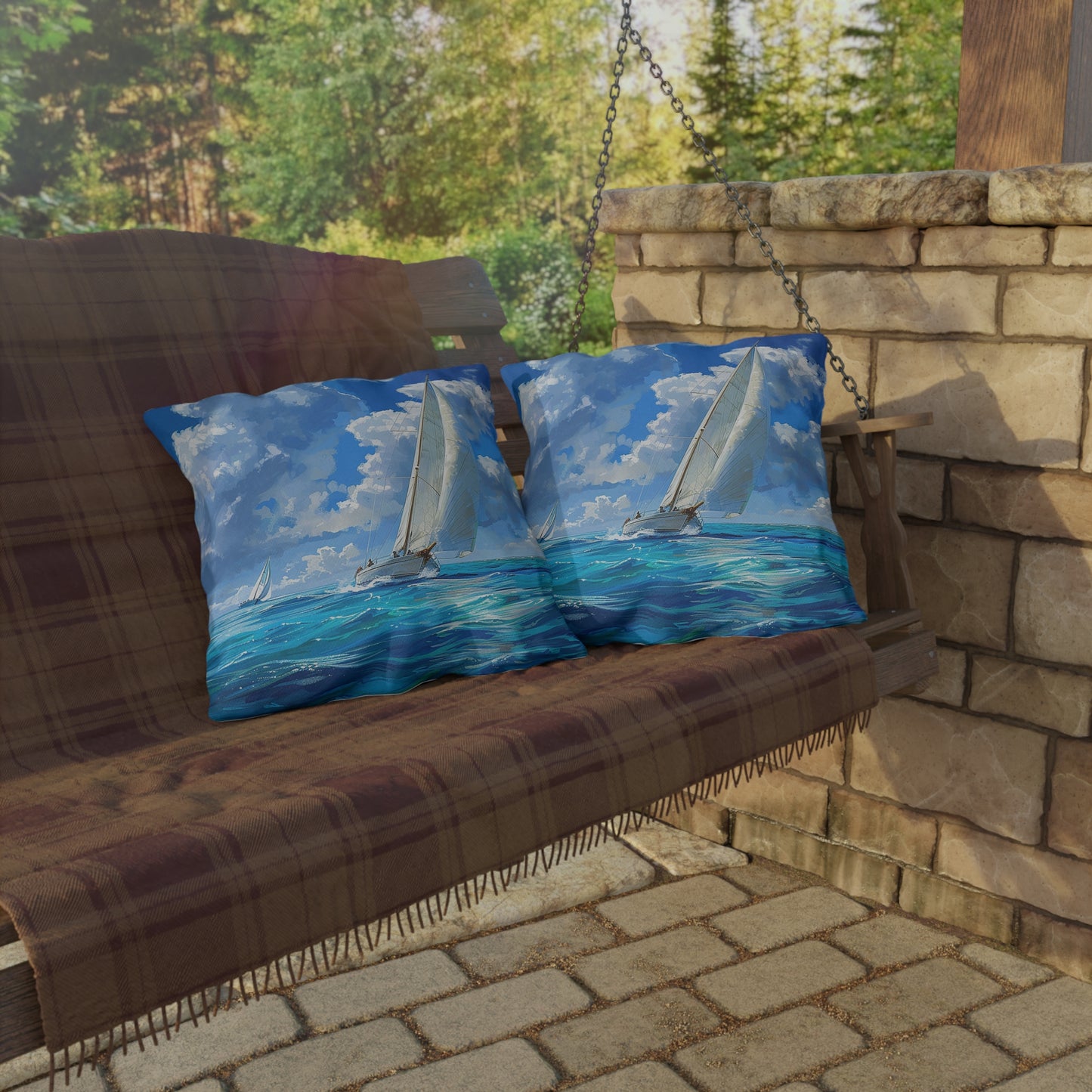 Ocean Breeze Sailing Square Outdoor Pillow - Spun Polyester - Double-Sided Print - UV-Resistant - Water-Resistant - Available in 3 sizes.