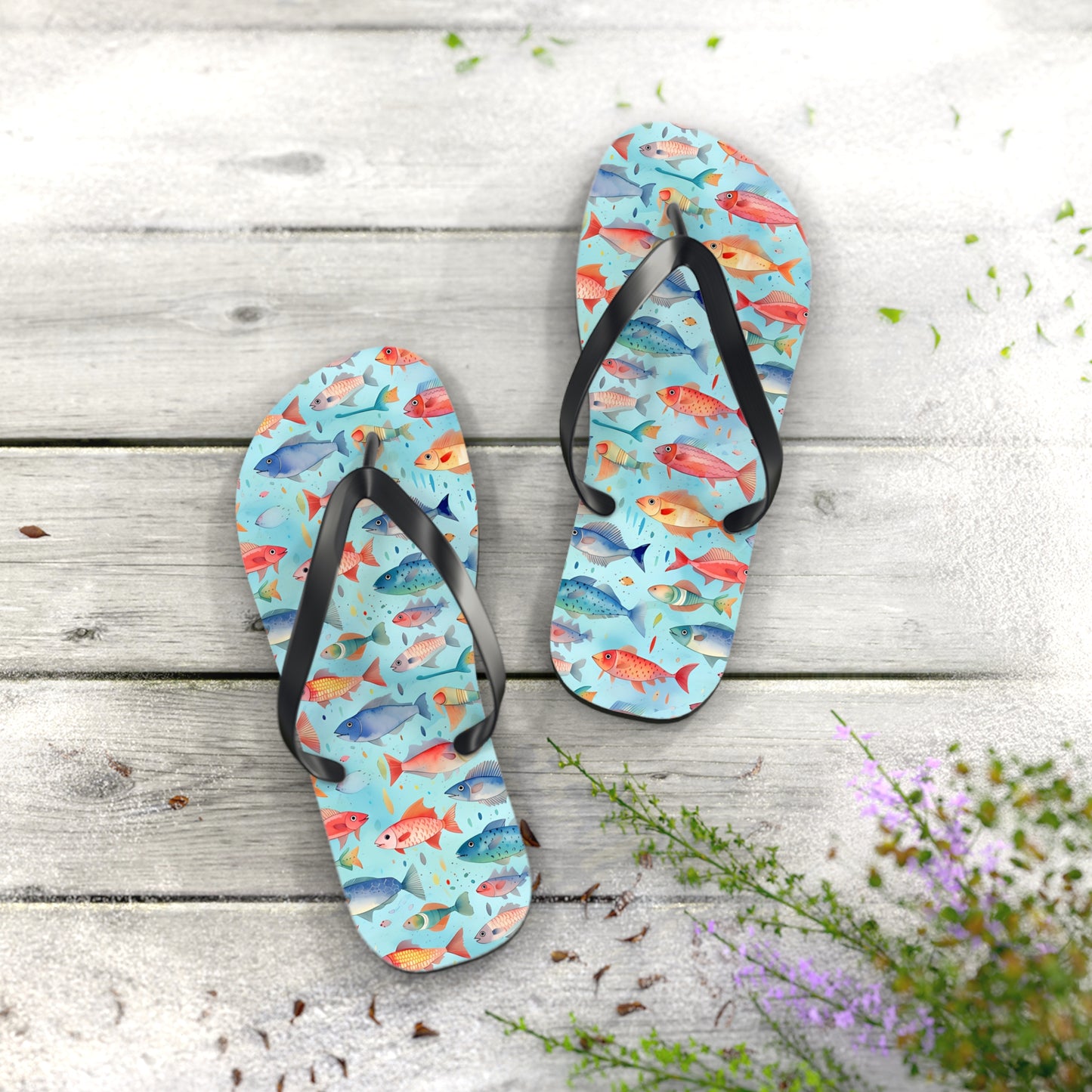 Happy Swimming Fish Flip Flops. 5/8" Thick Comfortable Summer or Winter Gym/Sauna Footwear for Men and Women.