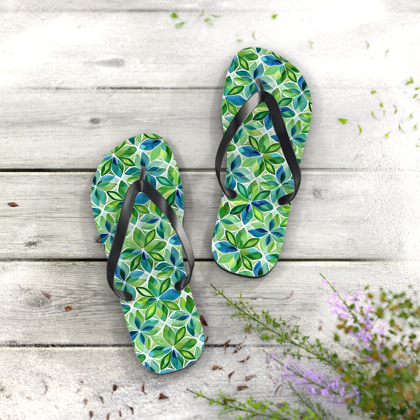 Spring Geo Flowers Flip Flops. 5/8" Thick Comfortable Summer or Winter Gym/Sauna Footwear for Men and Women.