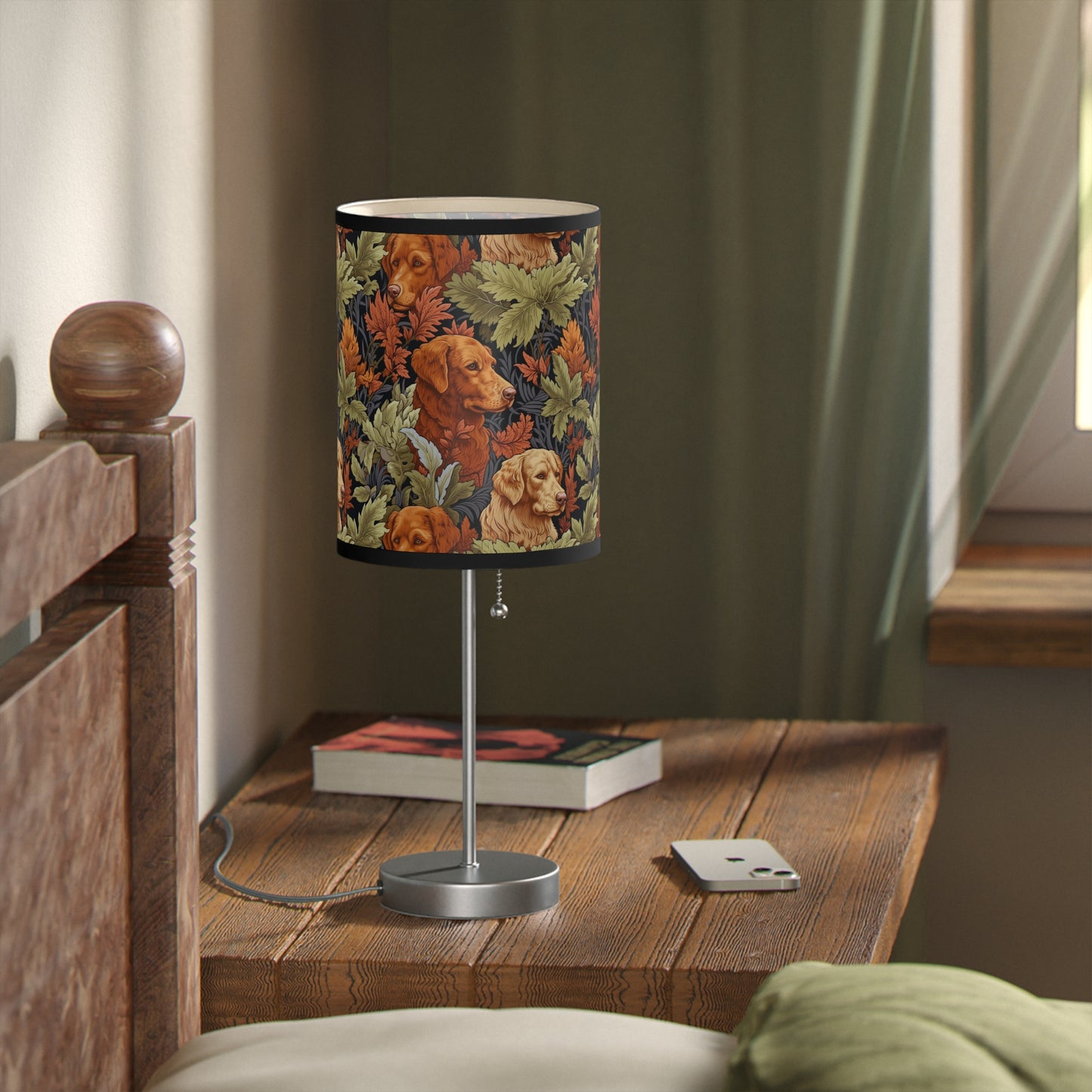 Classic English Dog Tapestry Modern Table Lamp, 20" Tall, Metal Stand, US|CA Plug, Available in 2 Finishes & Multiple Trim Colors