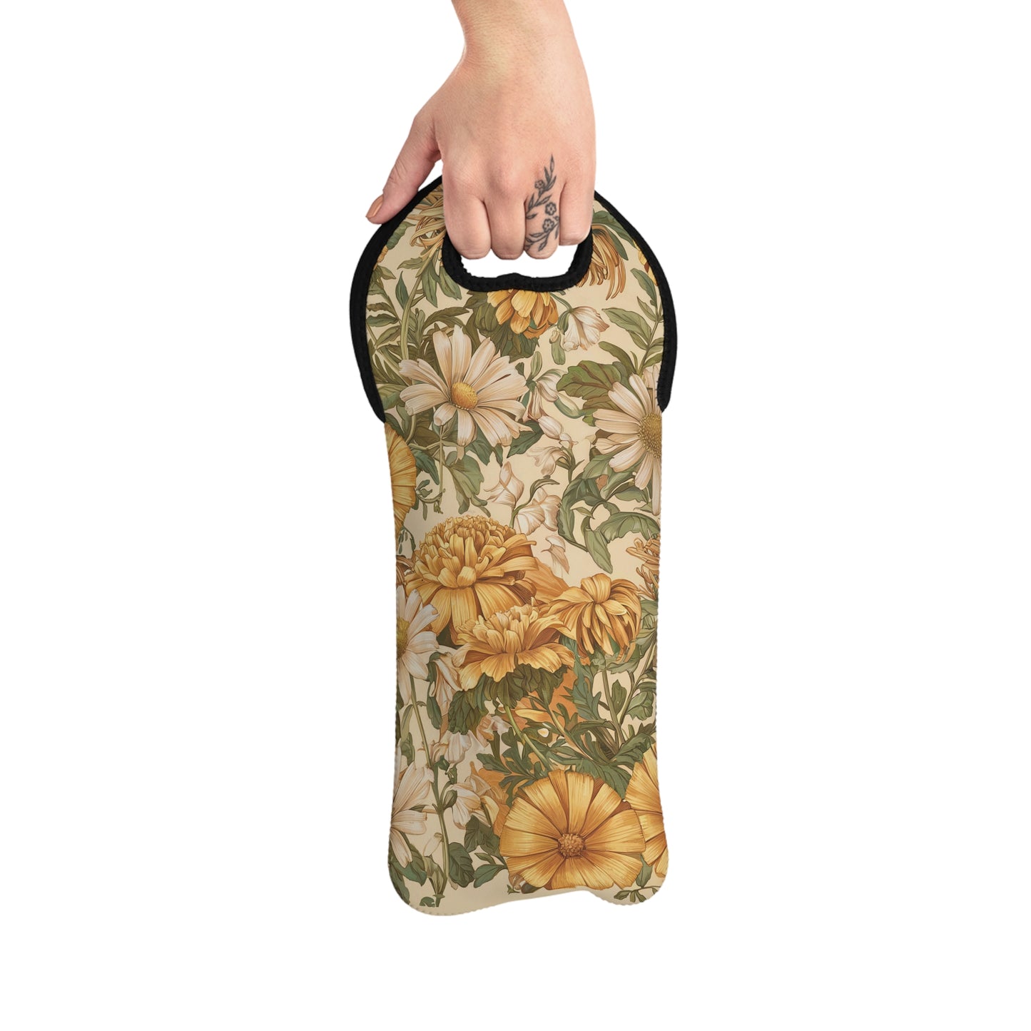 Golden Daisy Garden Wine Tote Bag - 100% Neoprene - Timeless elegance with a Touch of Floral Charm!