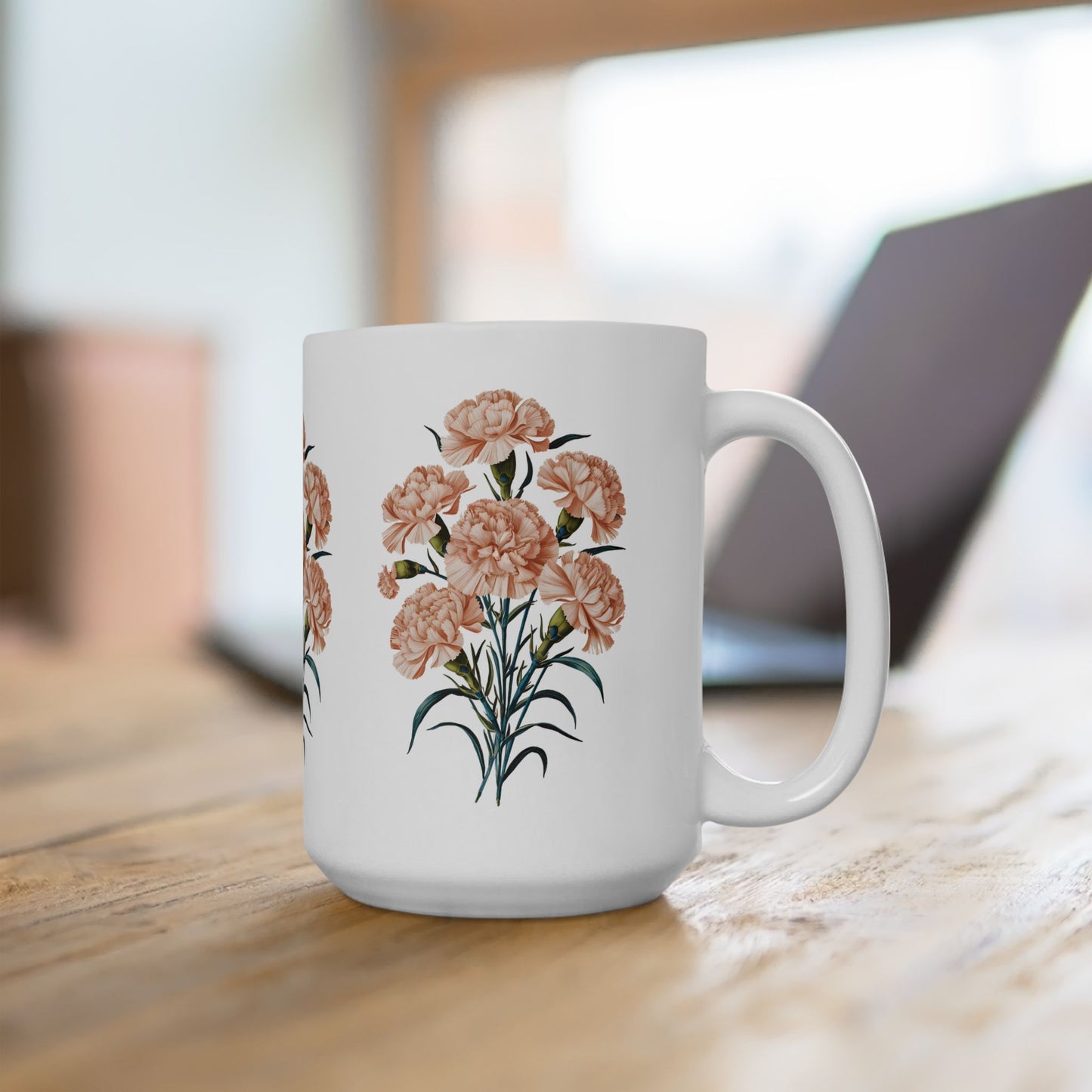 January Birth Month Flower - Carnation Ceramic Mug - 15 oz. - Celebrate January with Carnation Elegance!