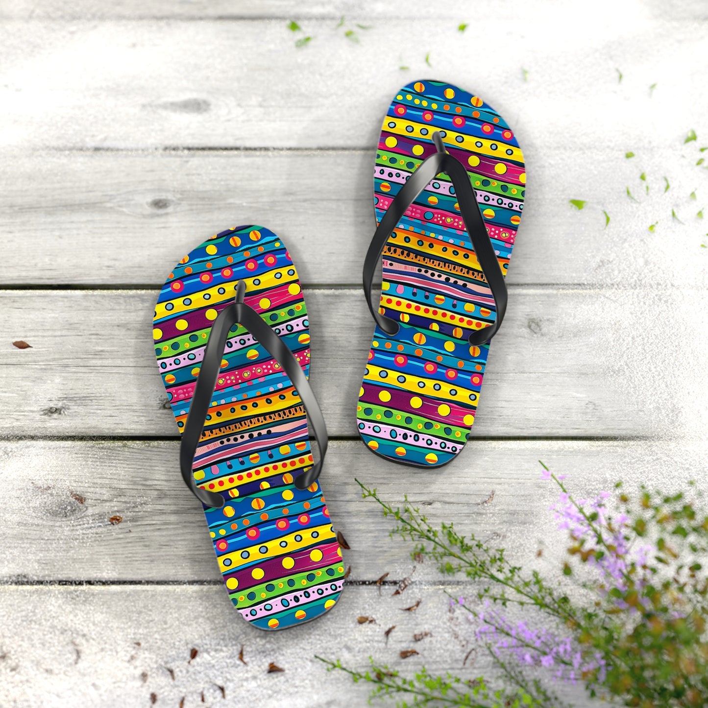 Pop Dot Parade Flip Flops. 5/8" Thick Comfortable Summer or Winter Gym/Sauna Footwear for Men and Women.