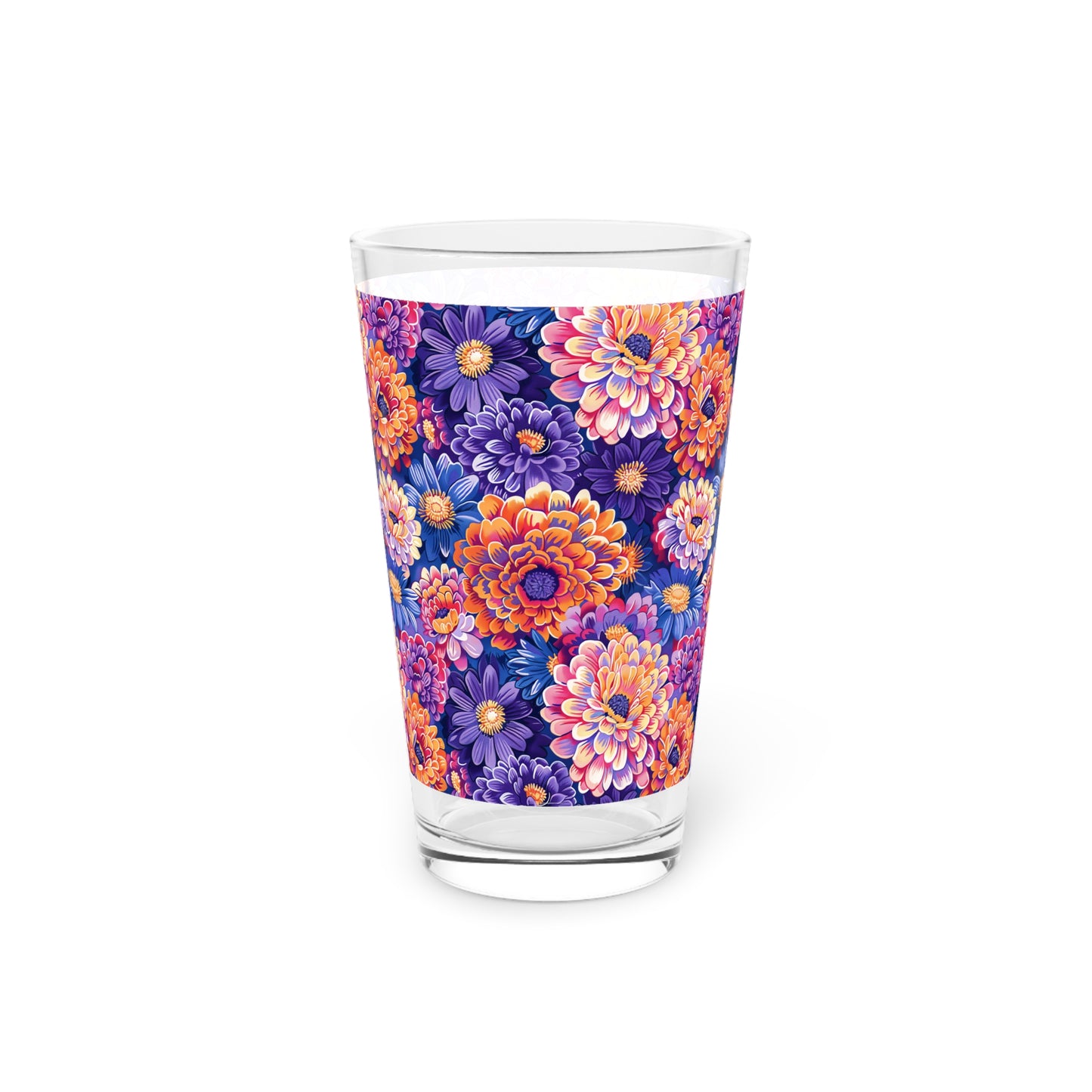 Zinnias in Bloom Pint Glass - 16 oz - A Purple Floral Tapestry in Every Sip!